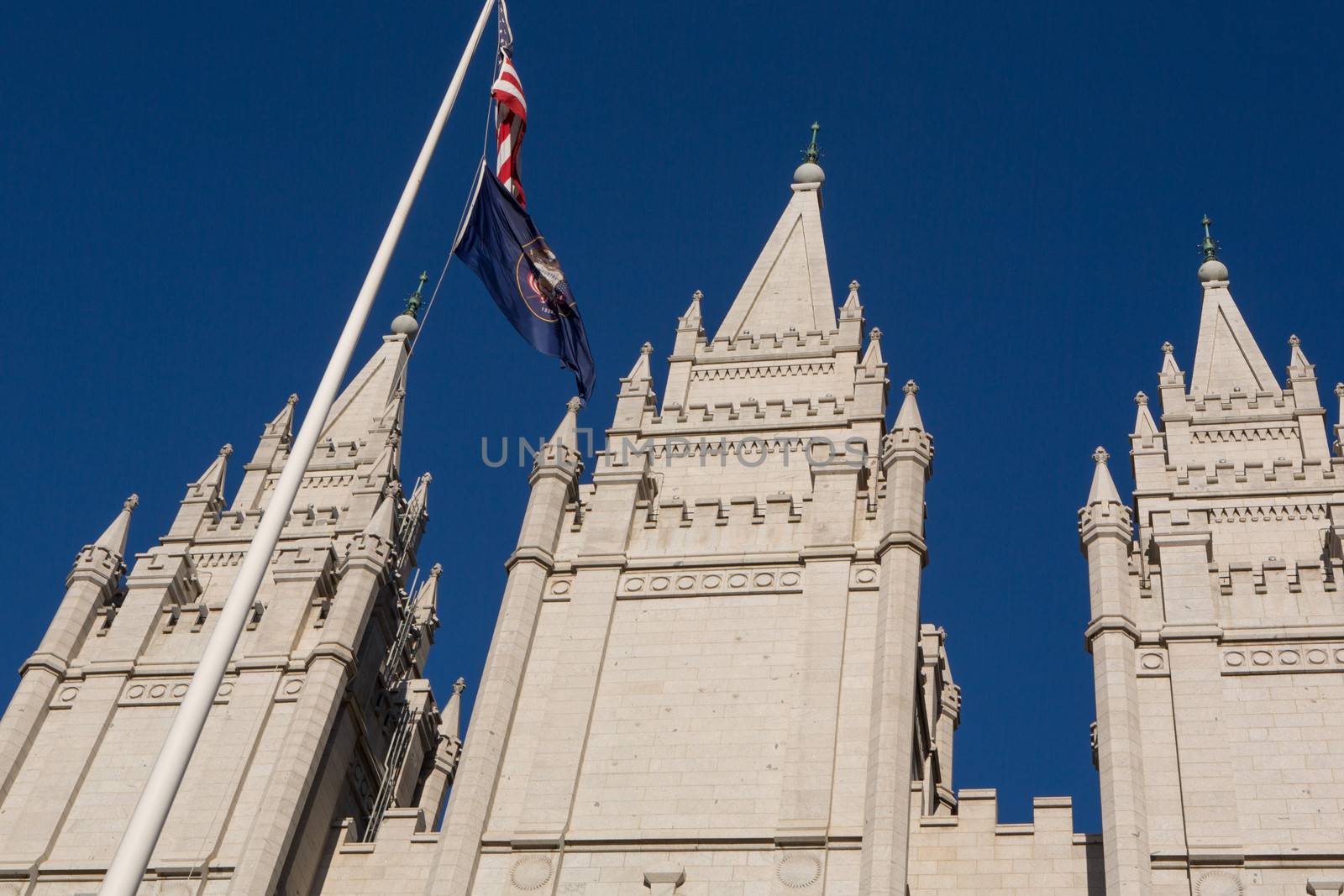 Mormon Church in Salt Lake city with a clear blue sky in the background, United States 2012.