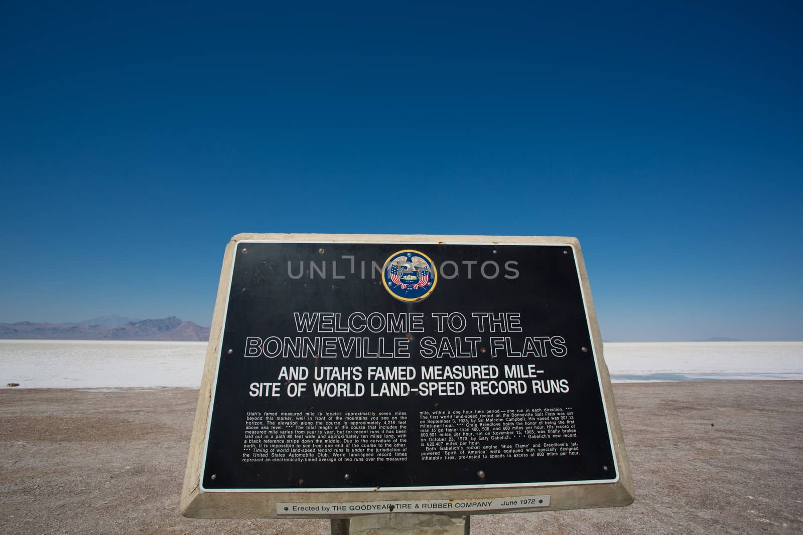 Entrance sign to the Bonneville Salt Flats Recreation Area Utah USA