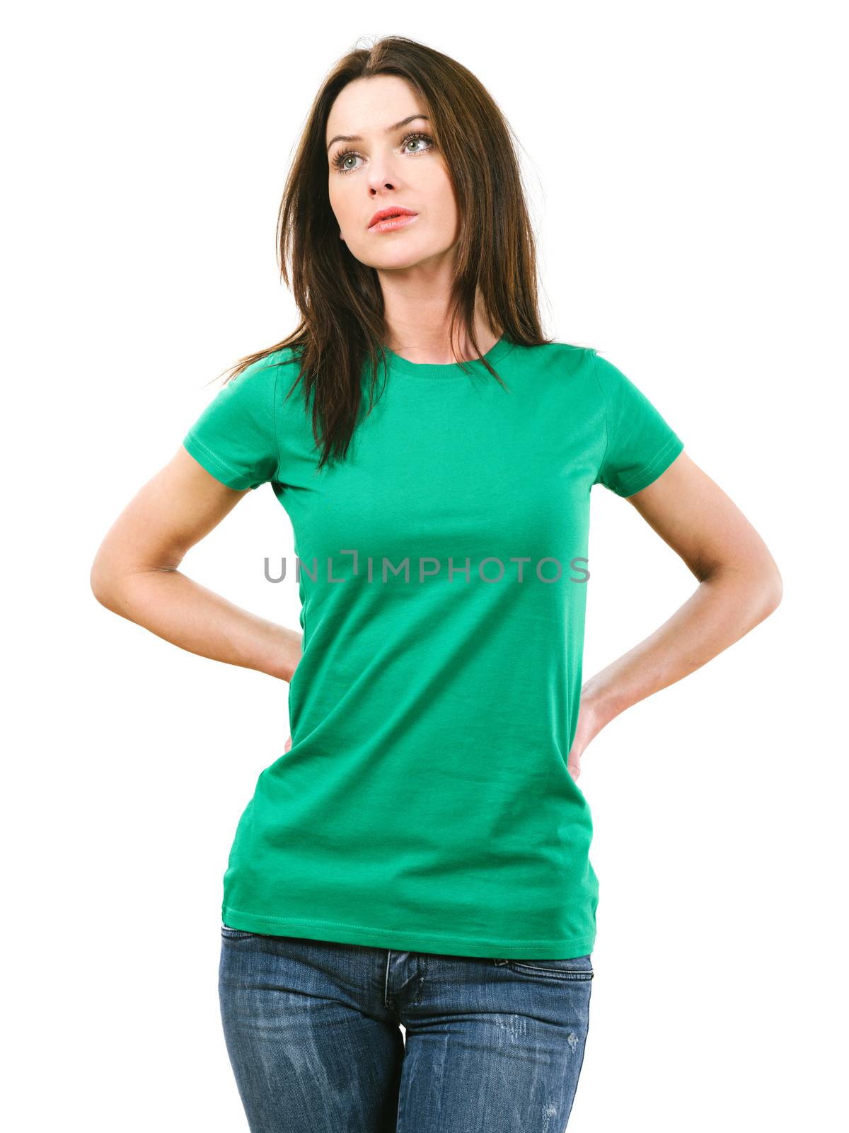 Photo of a beautiful brunette woman with blank green shirt. Ready for your design or artwork.