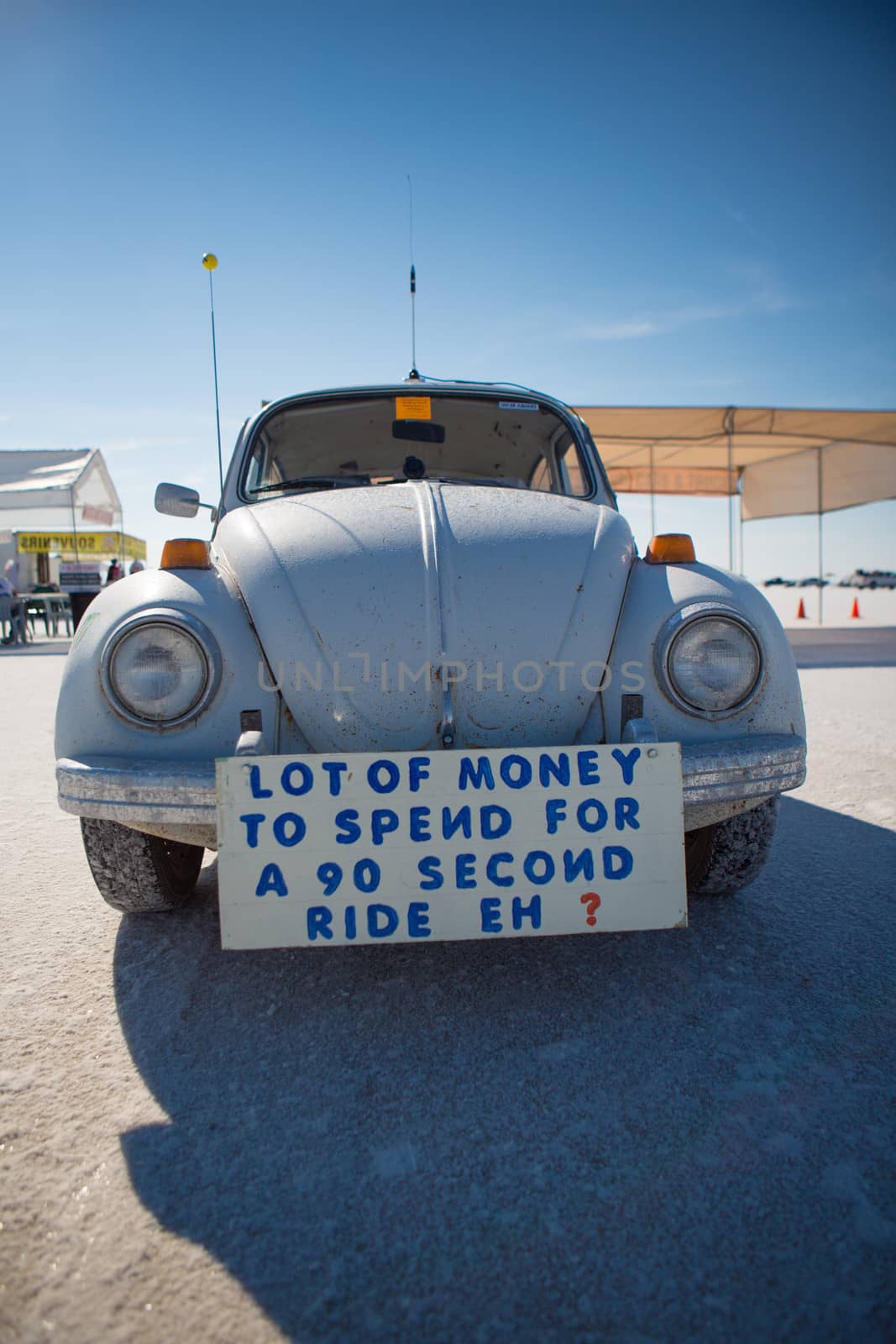 BONNEVILLE SALT FLATS, UTAH, SEPTEMBER 8: Sign information displayed on a vintage care explaining that a lot of money is spent during the World of Speed 2012.