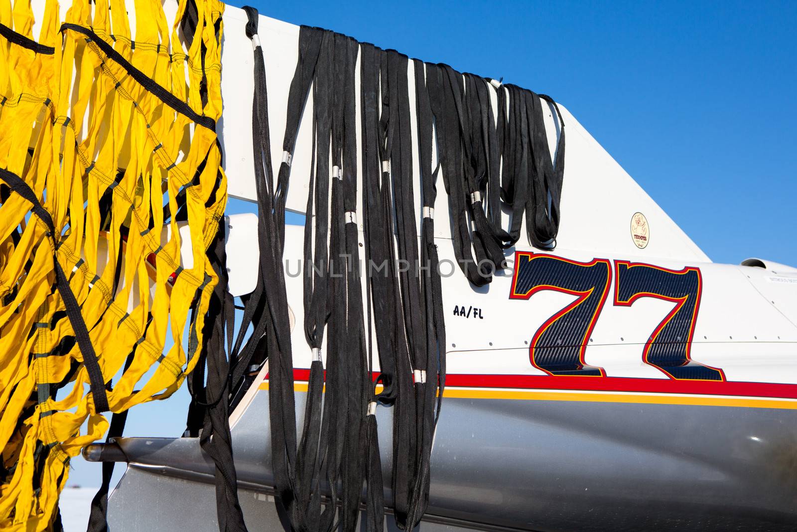 SALT LAKE, UT - SEPTEMBER 8: Detail view of an unidentified racing car with number 77 during the World of Speed at Bonneville Salt Flats Recreation Area Utah USA, 2012.