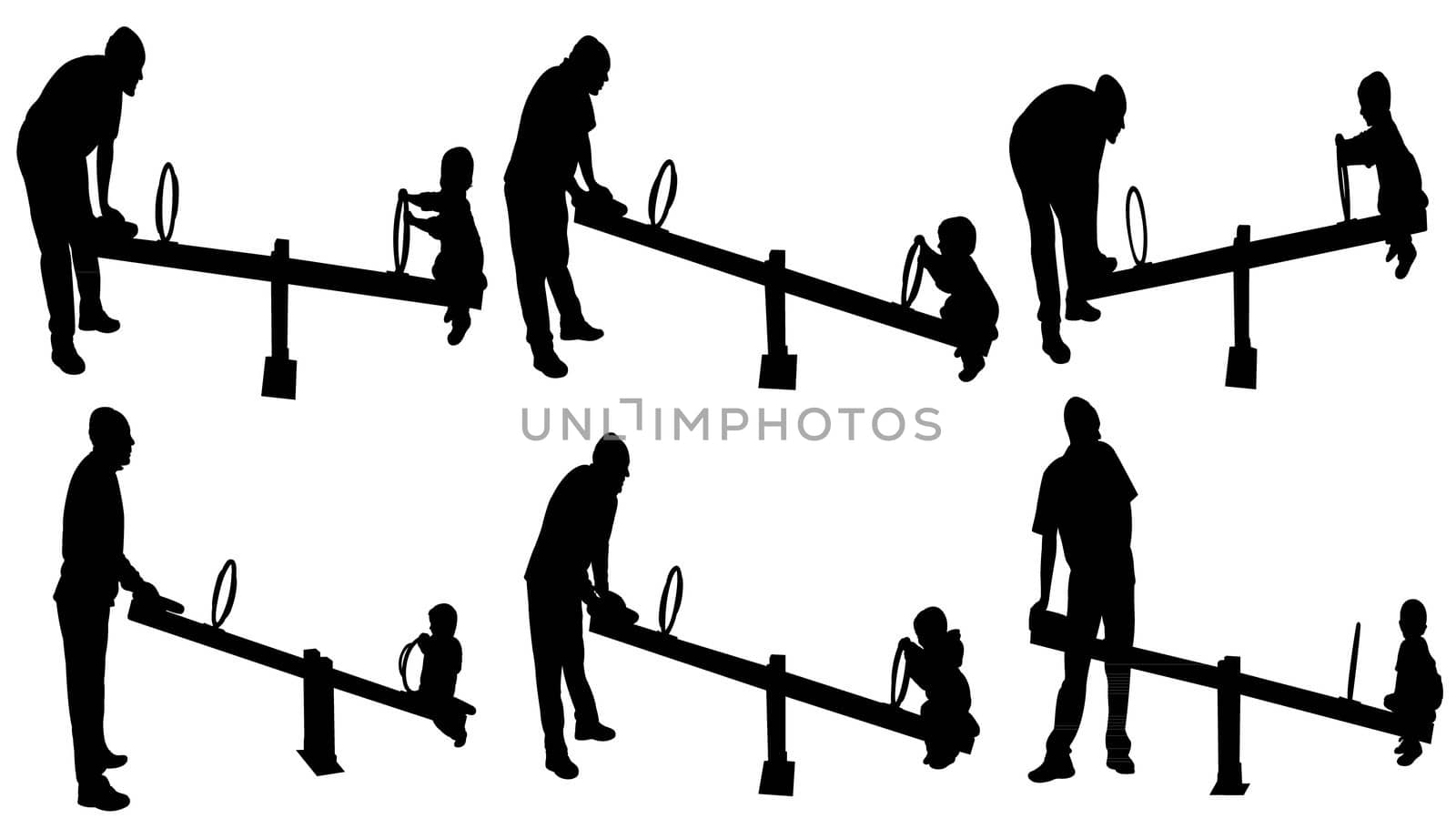 father and boy playing, seesaw, collage silhouette vector