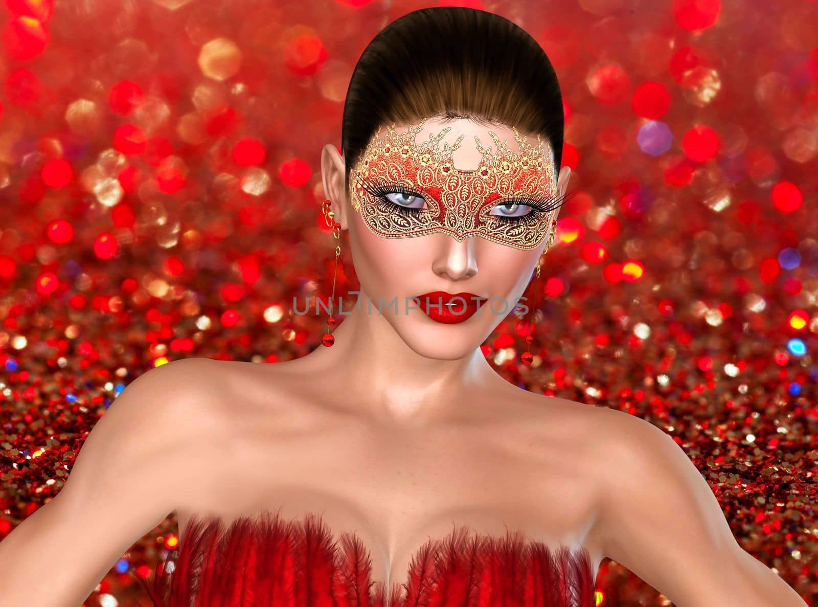 A masquerade mask enhances the mystery of a woman on a bokeh background of red glitter and sparkles.