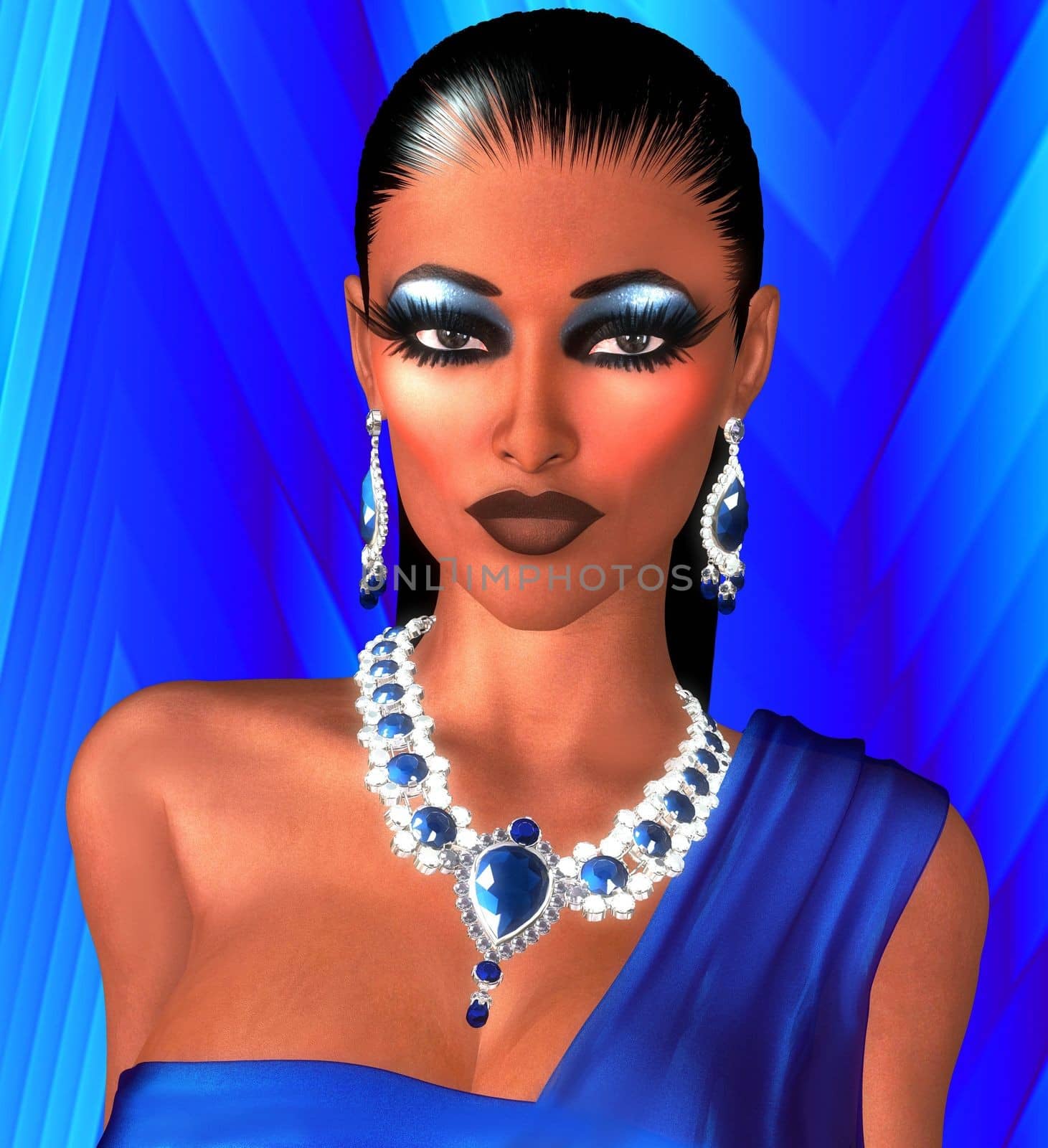 A wet hair look suits this elegant woman with deep blue sapphire jewels on a blue background. Evening looks even more inviting upon the sight of this woman's eyes, makeup and sapphire necklace.