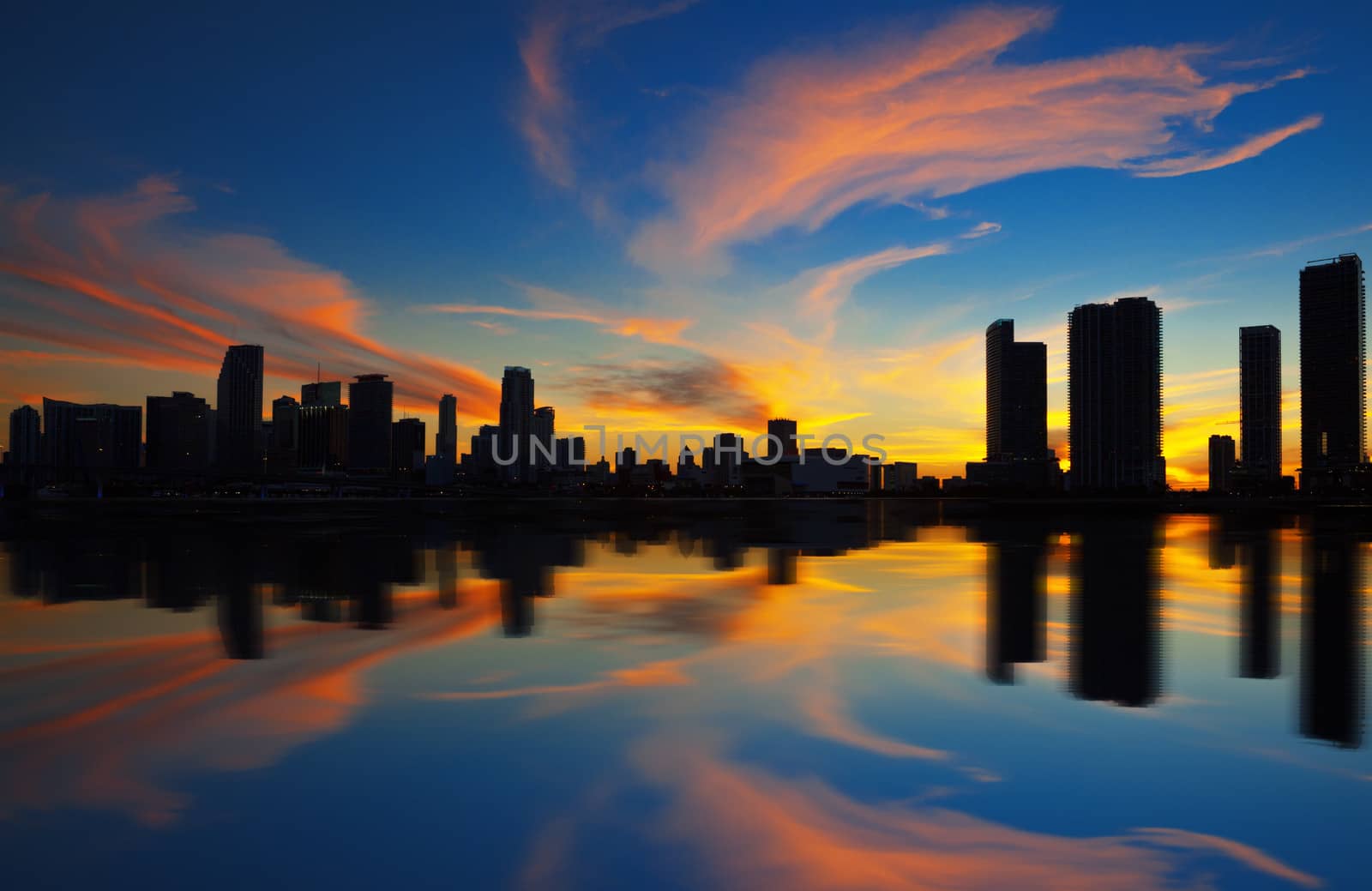 Miami city skyline panorama at dusk with urban skyscrapers