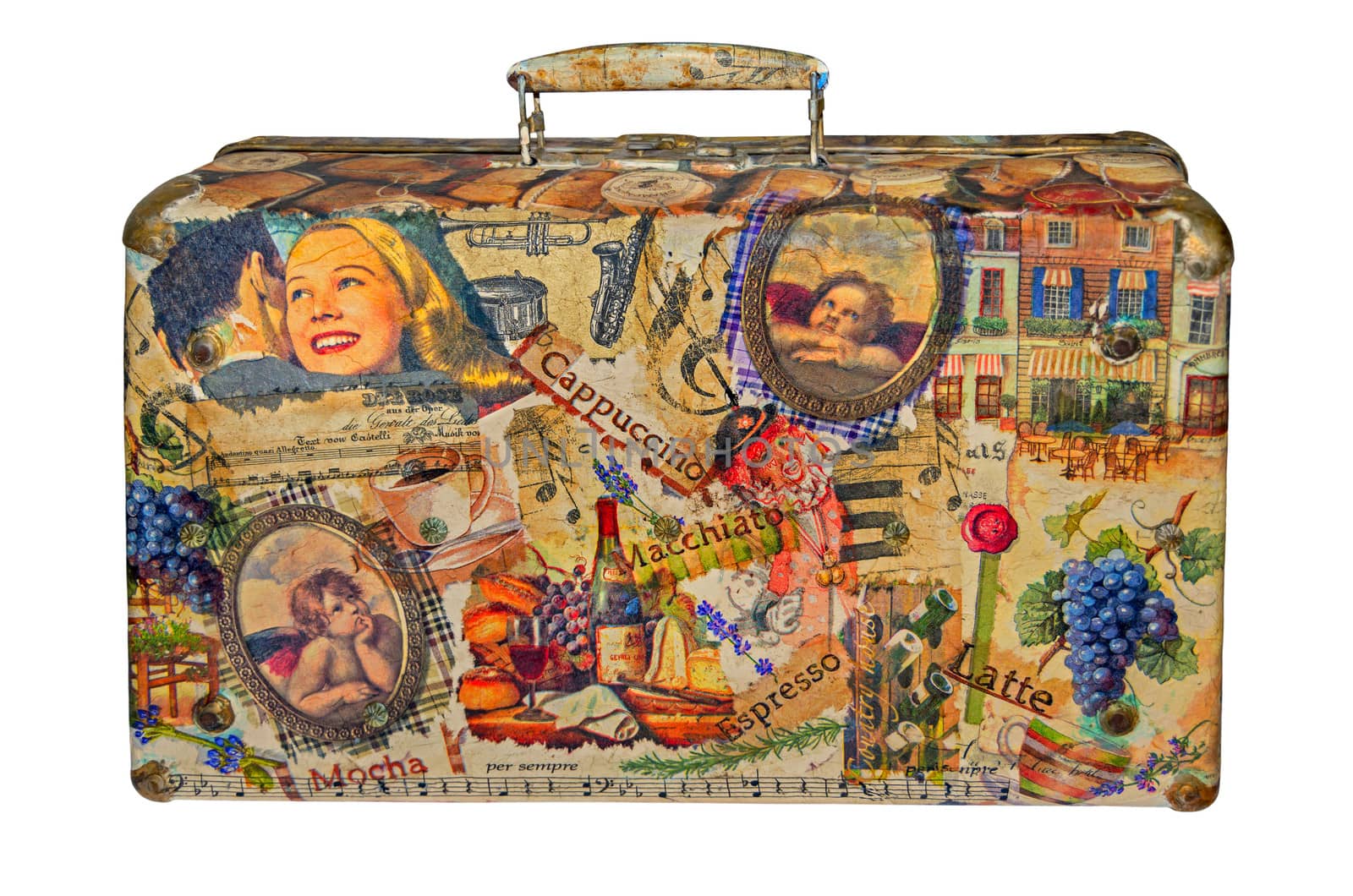 Creative retro valise on a white background pasted paper drawings.