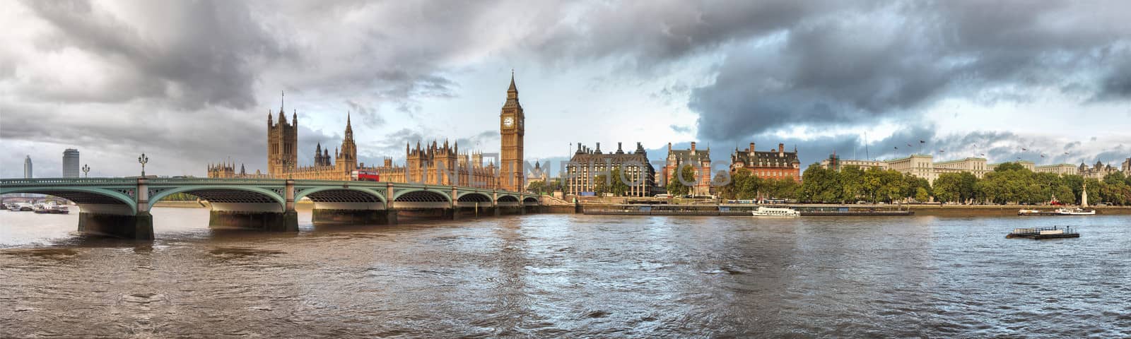 High Dynamic Range (HDR) panoramic view of the River Thames, Houses of Parliament and the Big Ben, Westminster Bridge in London