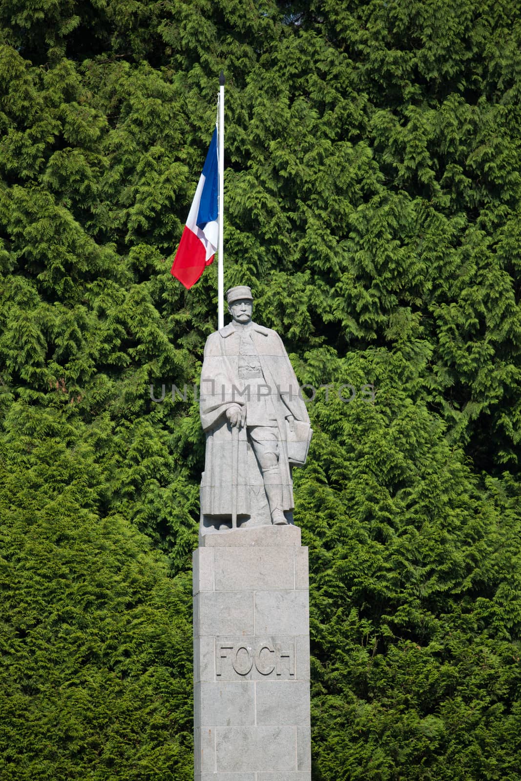 Statue of General Foch at the War I and II Armistice  memorial in The Forest of Compiègne, France