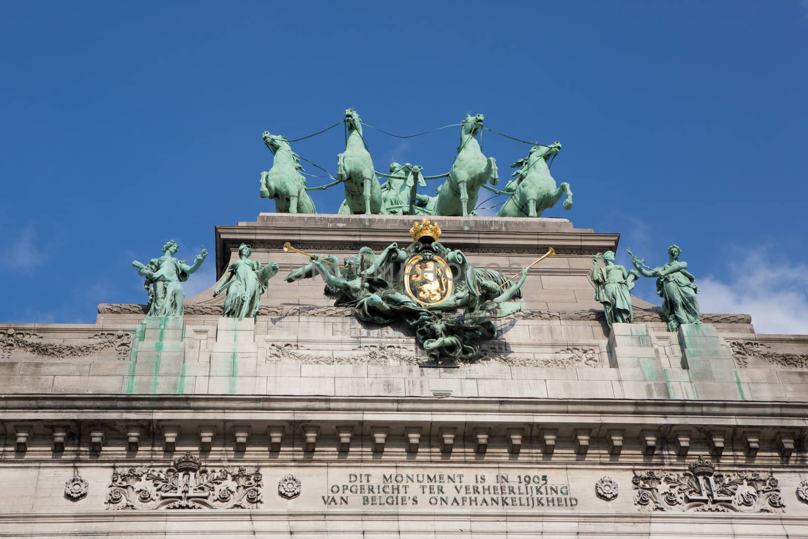 The Triumphal Arch (Arc de Triomphe) in the Cinquantenaire park in Brussels. Built in 1880 for the 50th anniversary of Belgium.