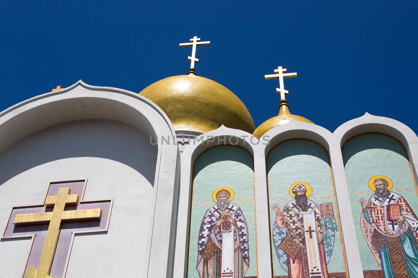 Russian Orthodox Church in San Francisco near by the bay and the sea against a blue sky