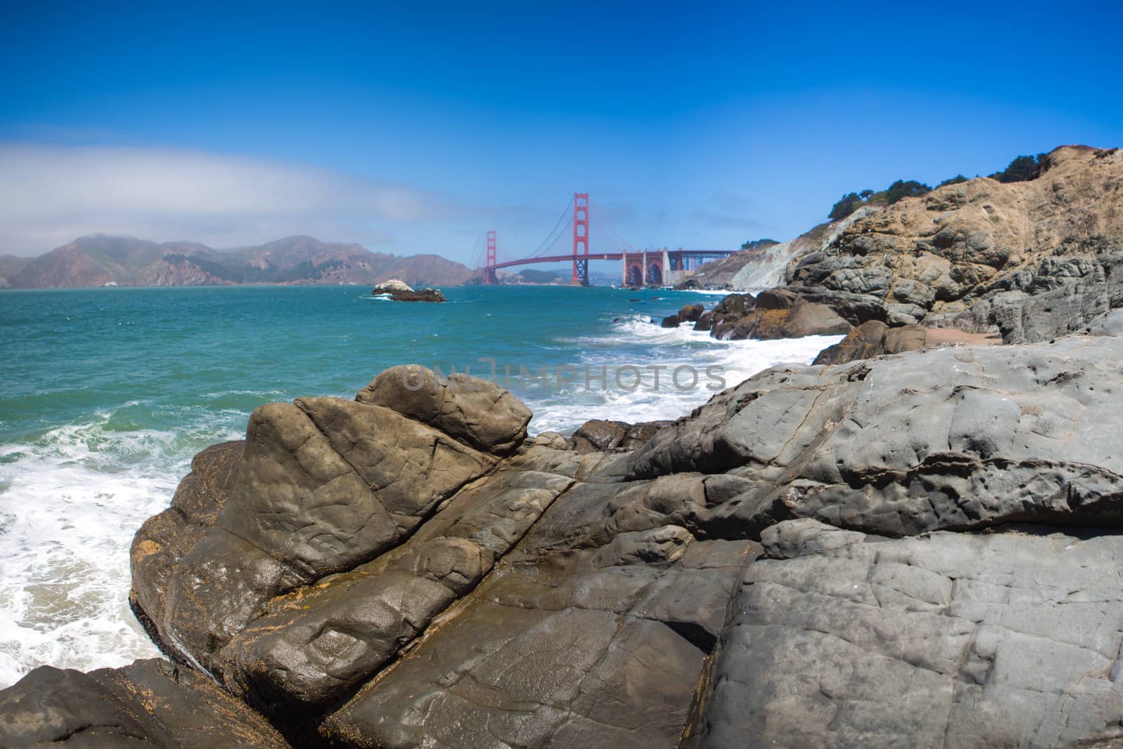 Panorama of the golden gate suspension bridge spanning the Golden Gate, the opening of the San Francisco Bay into the Pacific Ocean. As part of both U.S. Route 101 and California State Route 1, San Francisco 2012
