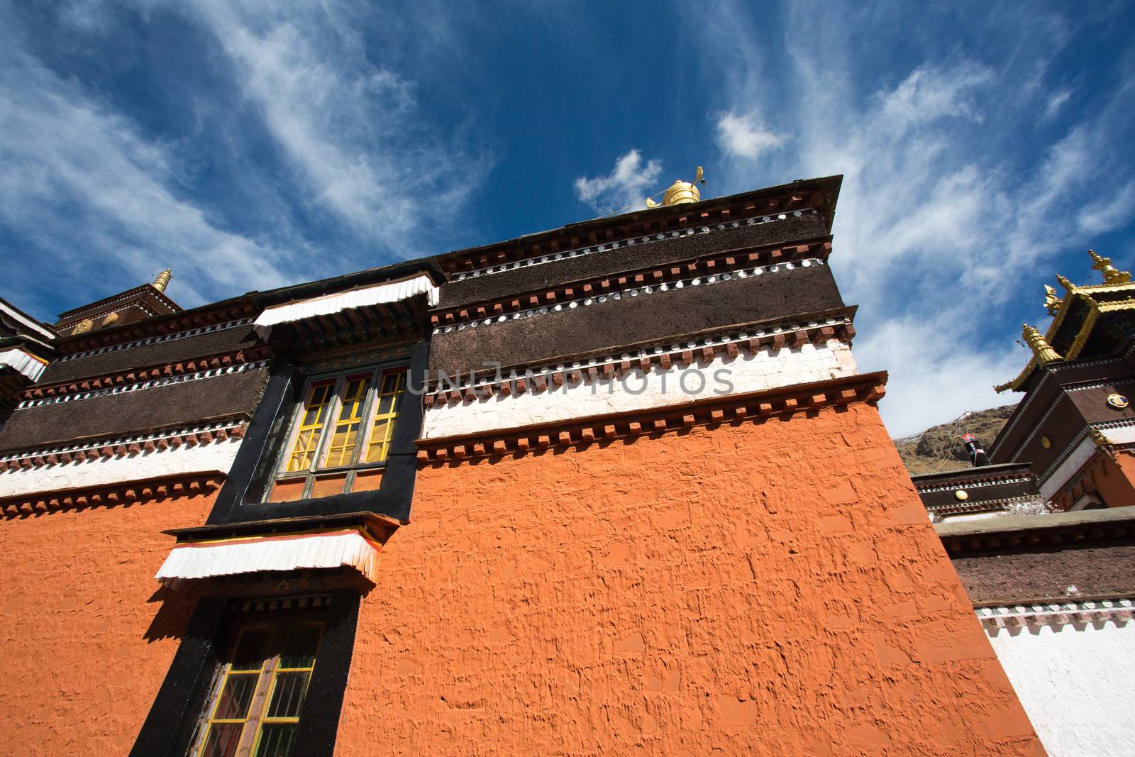 Detail of  the traditional Tibetan temple: The Palkhor Monastery in Tibet Province in China. In 2013 the temple has been transformed as a museum but there are still a large community of monks living with the different houses.