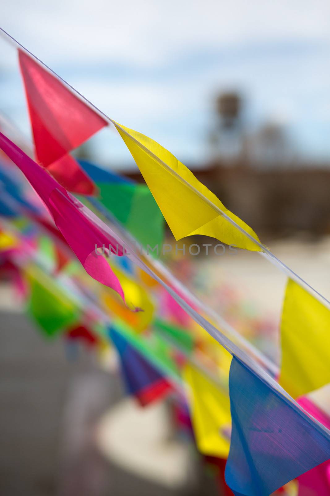 Close up of buddhist prayer flags on a sky background in Himalayas, 18 April 2013.