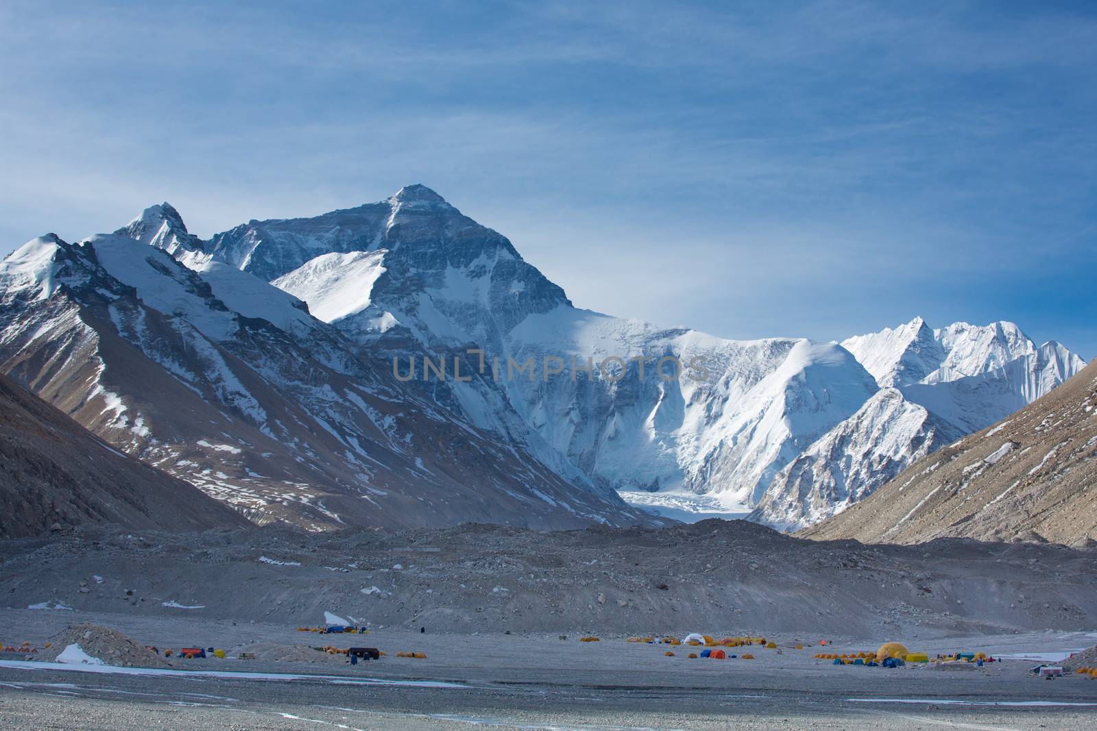 View of the base camp area of the Everest in Tibet with a clear blue sky in Tibet, China 2013.