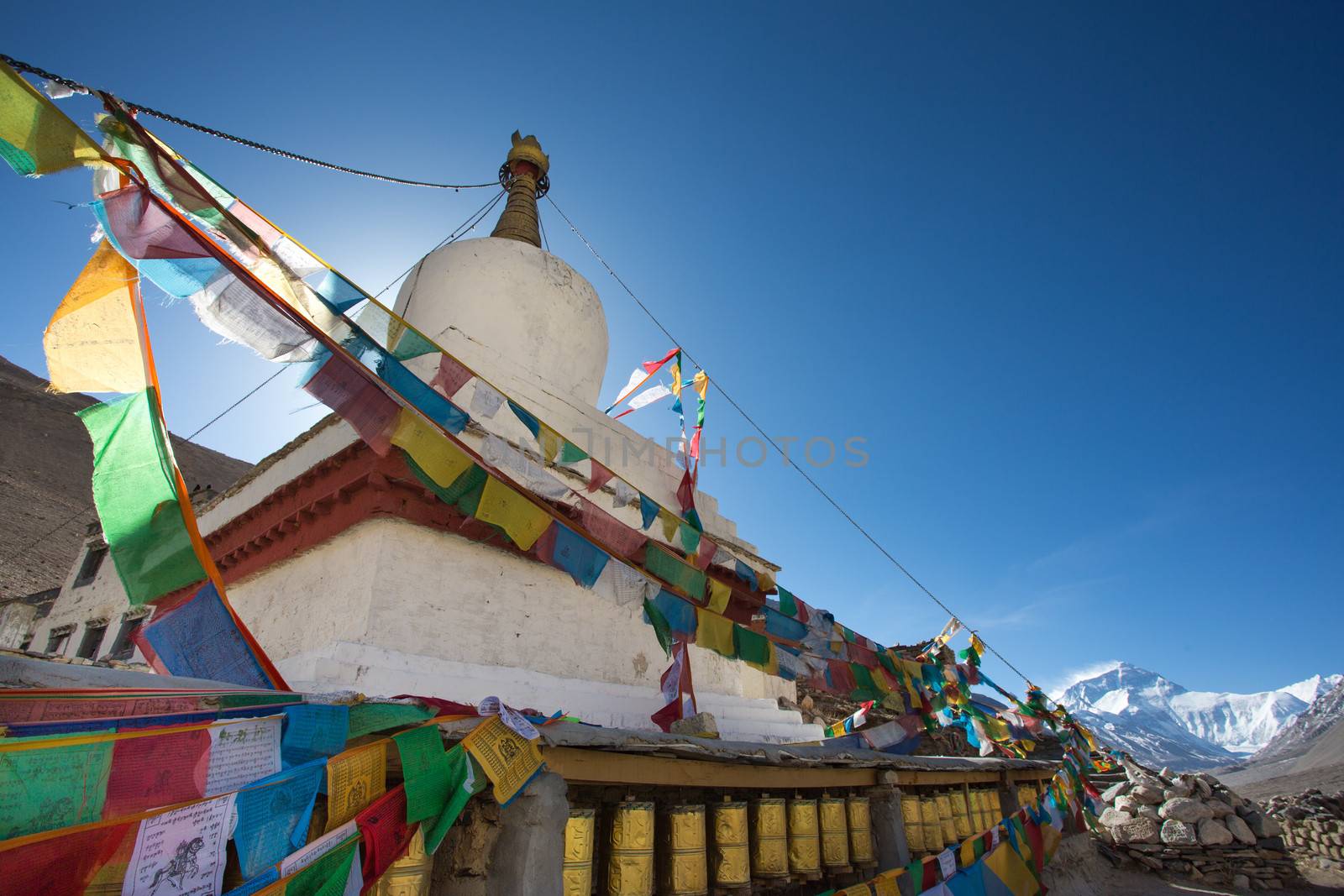 Temple with Everest mountain view in the Himalayas by watchtheworld