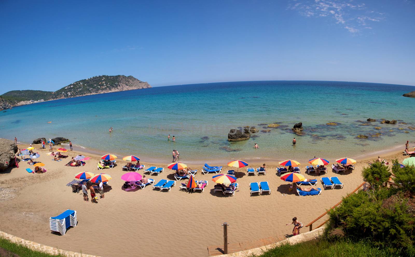 Panoramic view of the beach in Ibiza with clear sky
