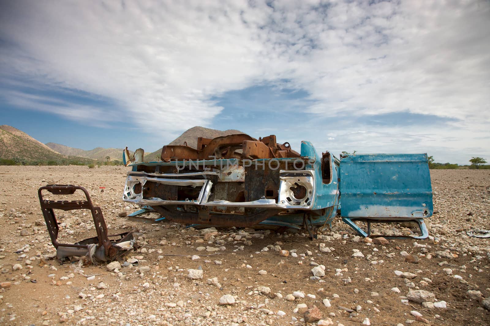 Car crashed in the desert of Namibia. Brandberg Mountains Namibia