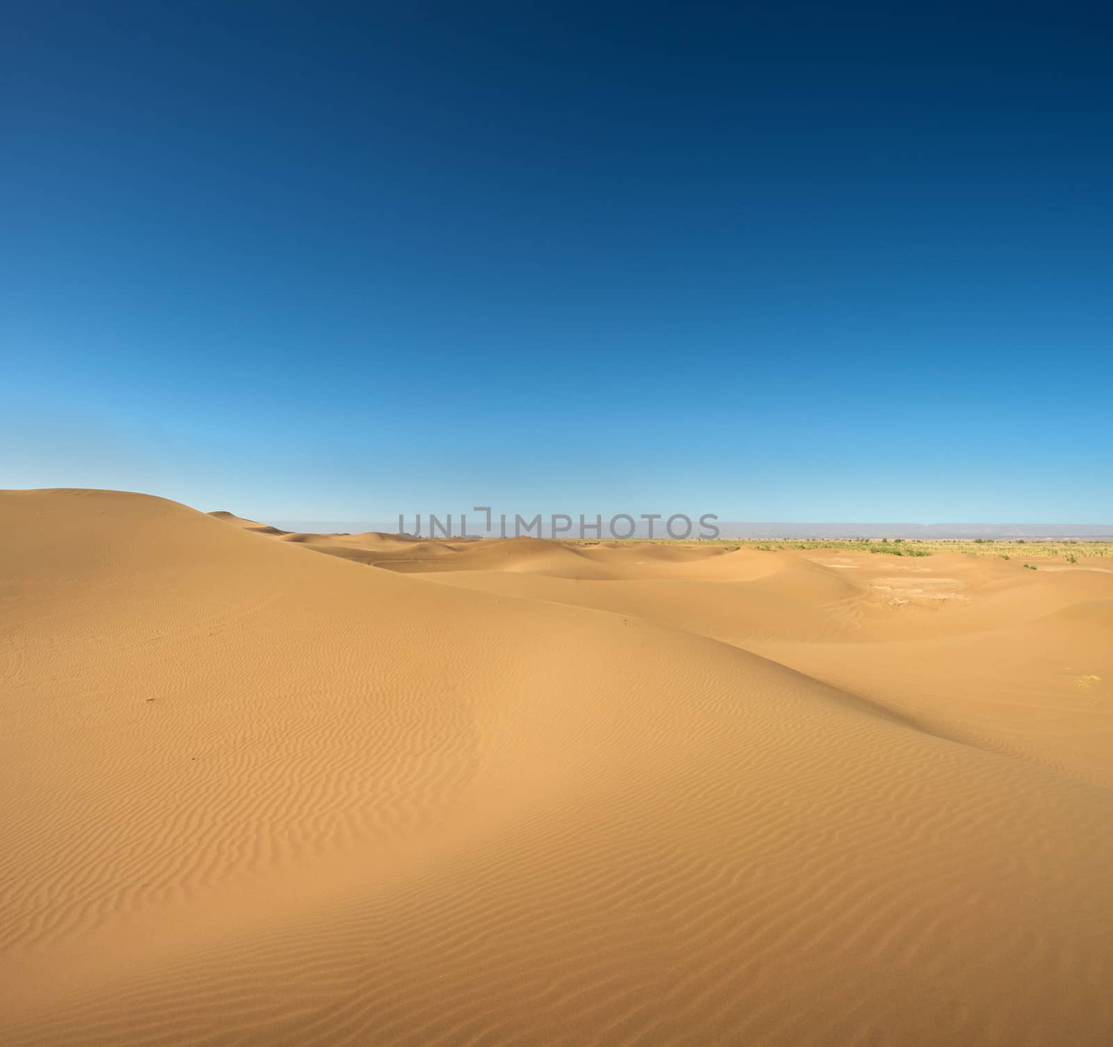 Sahara desert close to Merzouga in Morocco with blue sky and clouds.