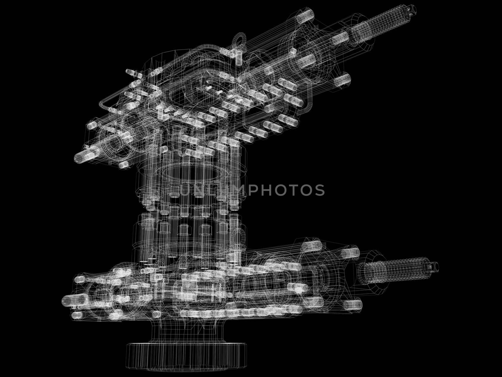 Industrial equipment. Wire-frame render isolated on black background