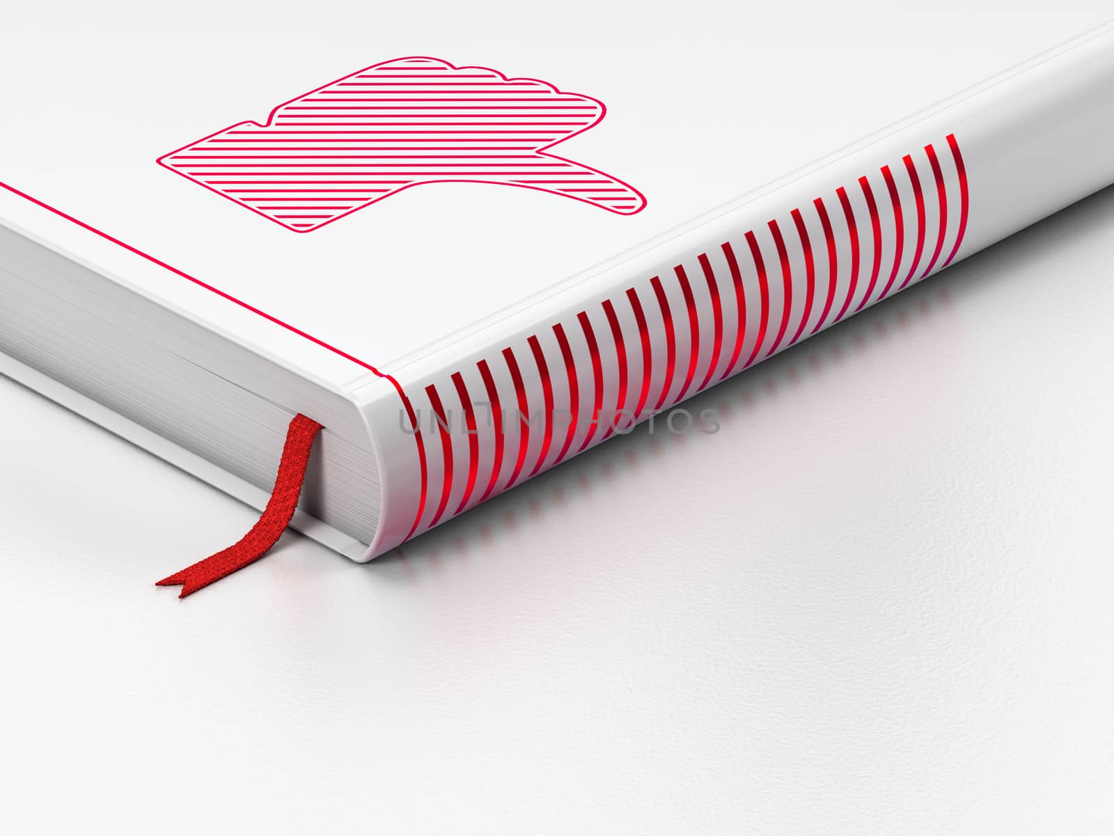 Social network concept: closed book with Red Thumb Down icon on floor, white background, 3d render
