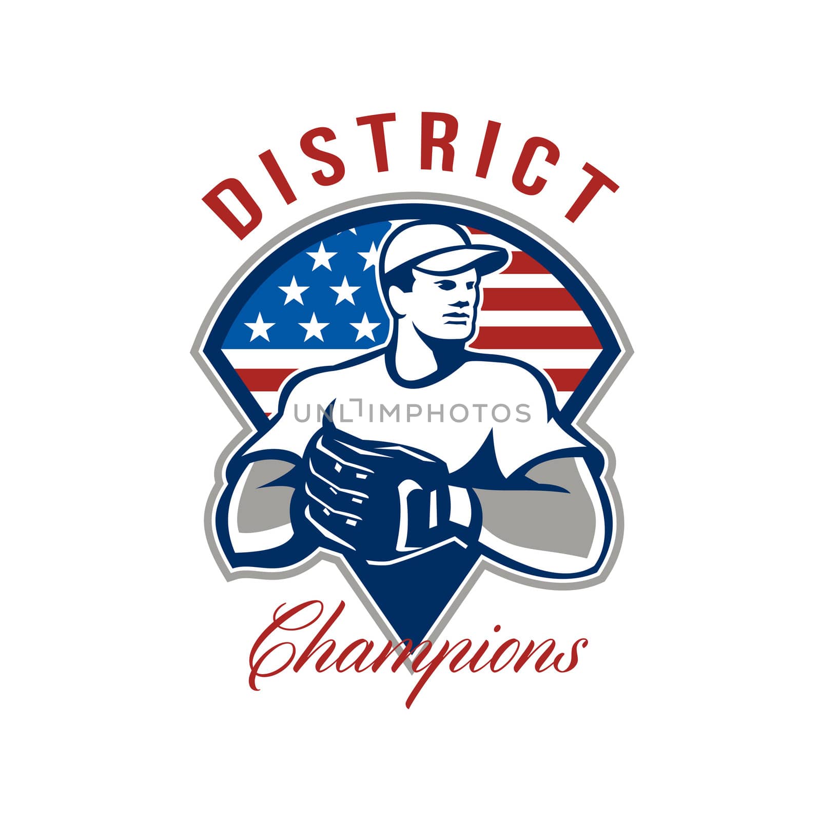 Illustration of an american baseball player pitcher outfilelder with glove set inside triangle with USA stars and stripes flag with words District Champions.