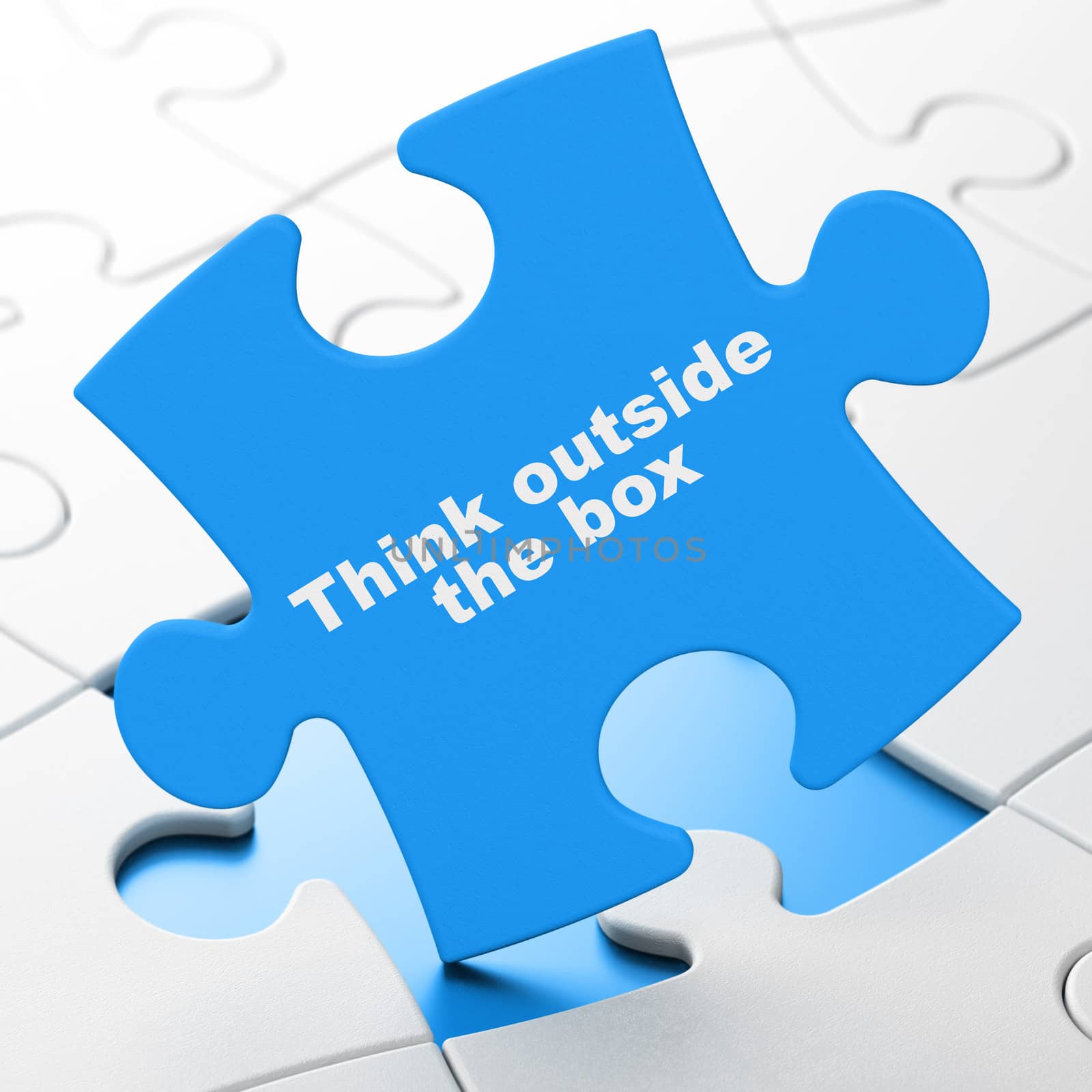 Education concept: Think outside The box on Blue puzzle pieces background, 3d render