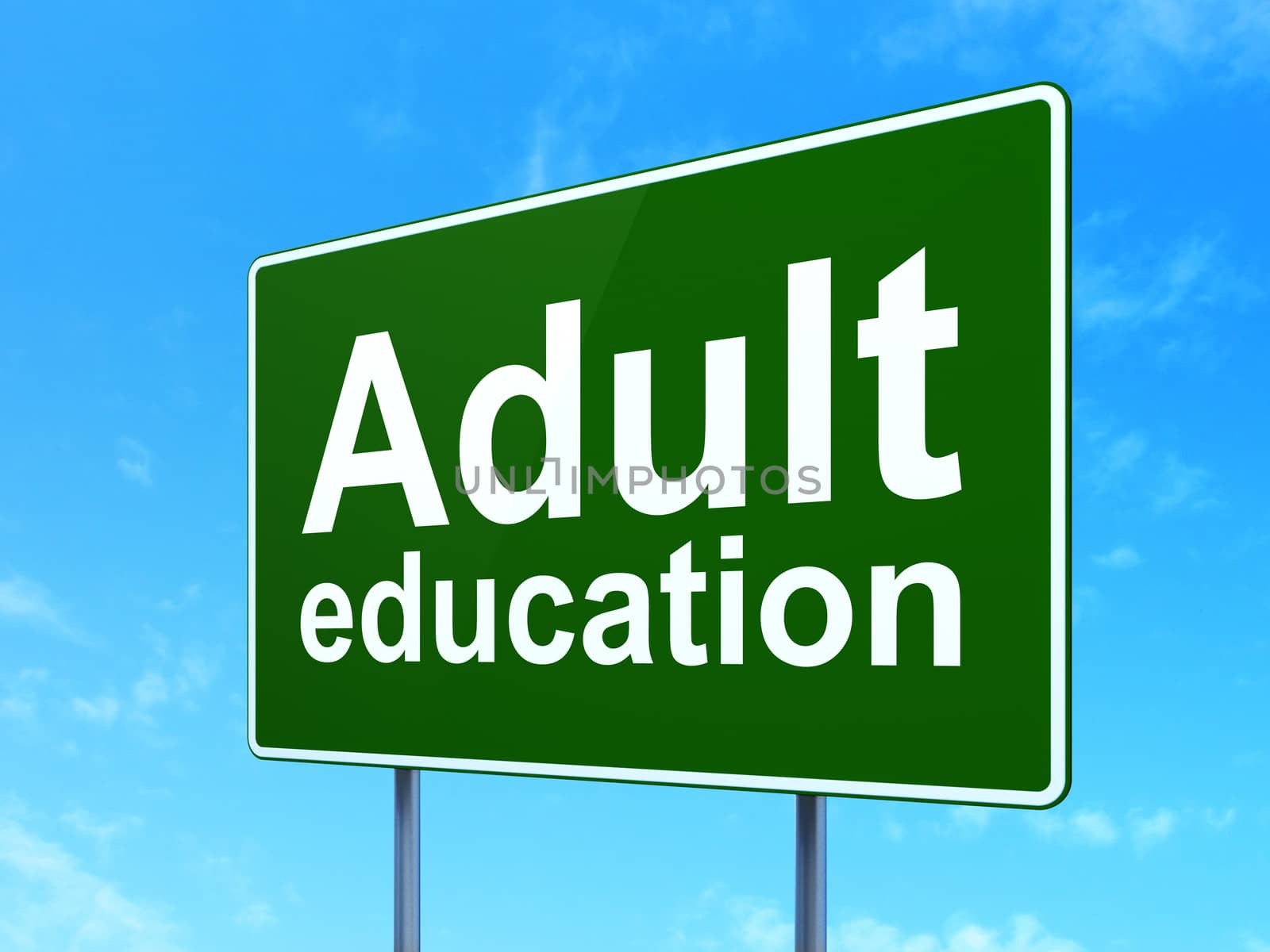 Education concept: Adult Education on green road (highway) sign, clear blue sky background, 3d render