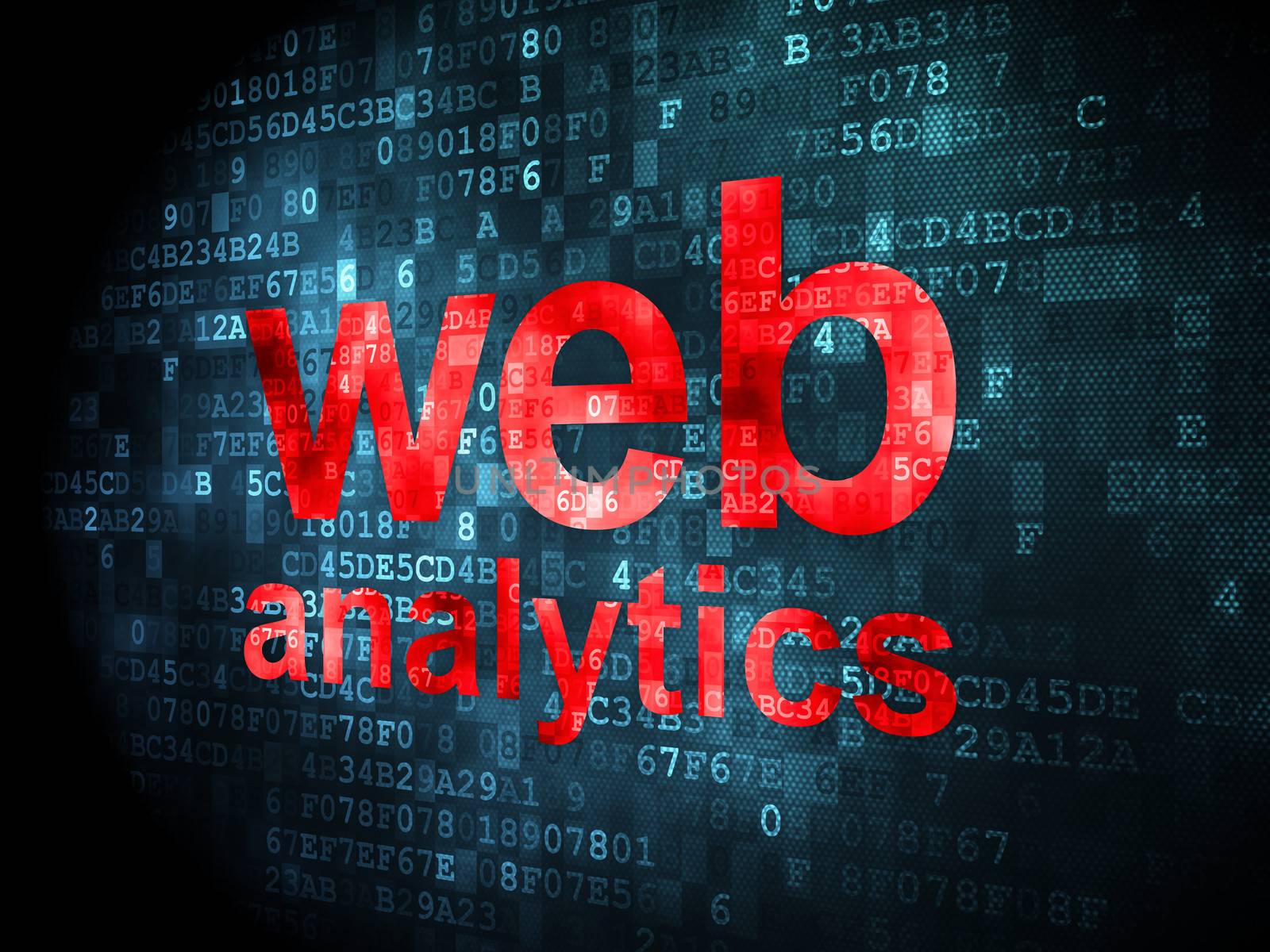 SEO web design concept: pixelated words Web Analytics on digital background, 3d render