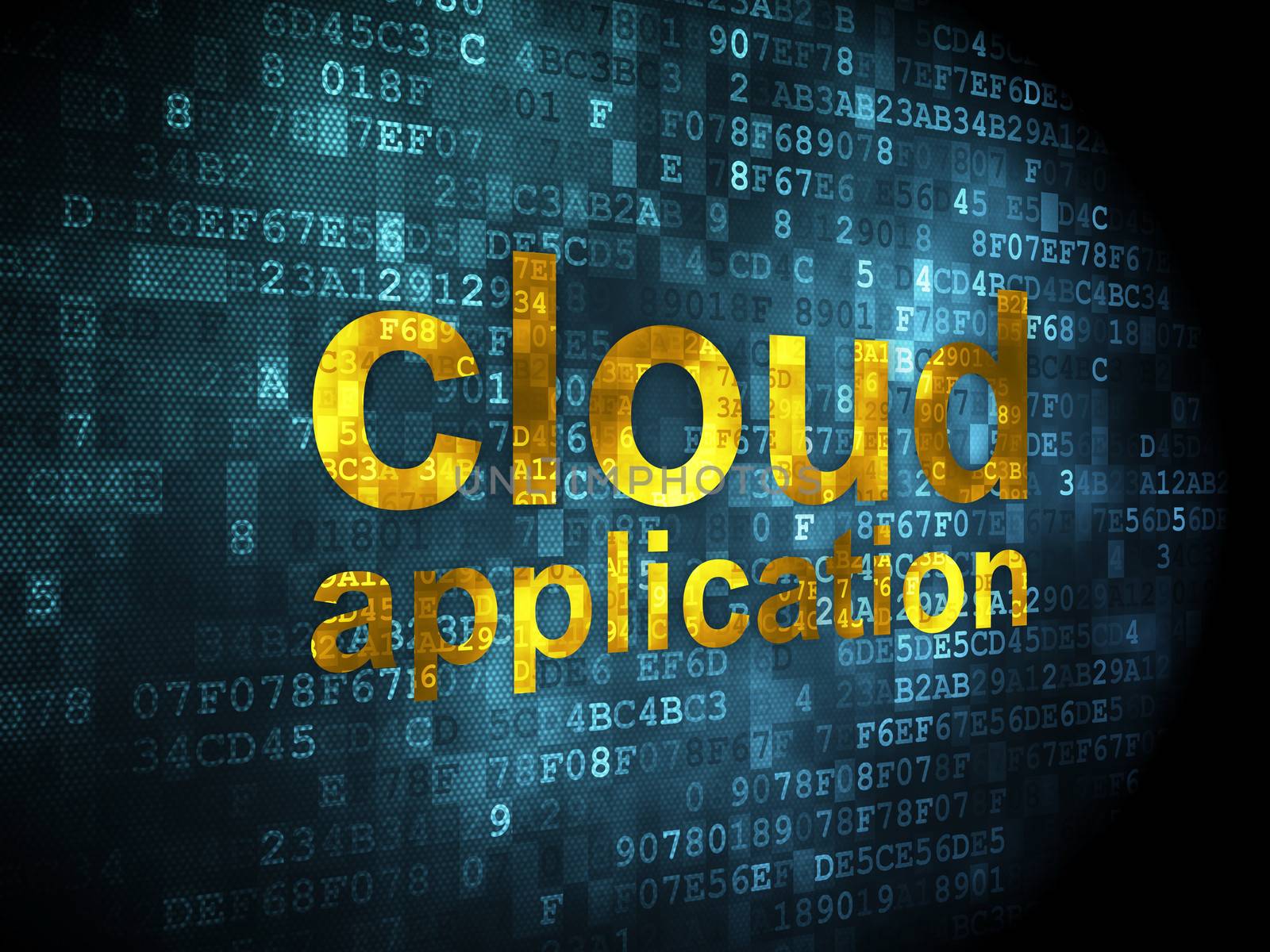 Cloud networking concept: pixelated words Cloud Application on digital background, 3d render