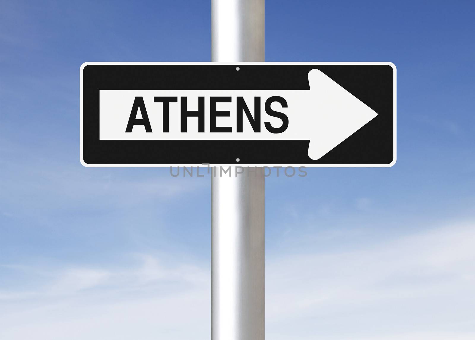 A modified one way sign indicating Athens (Greece)