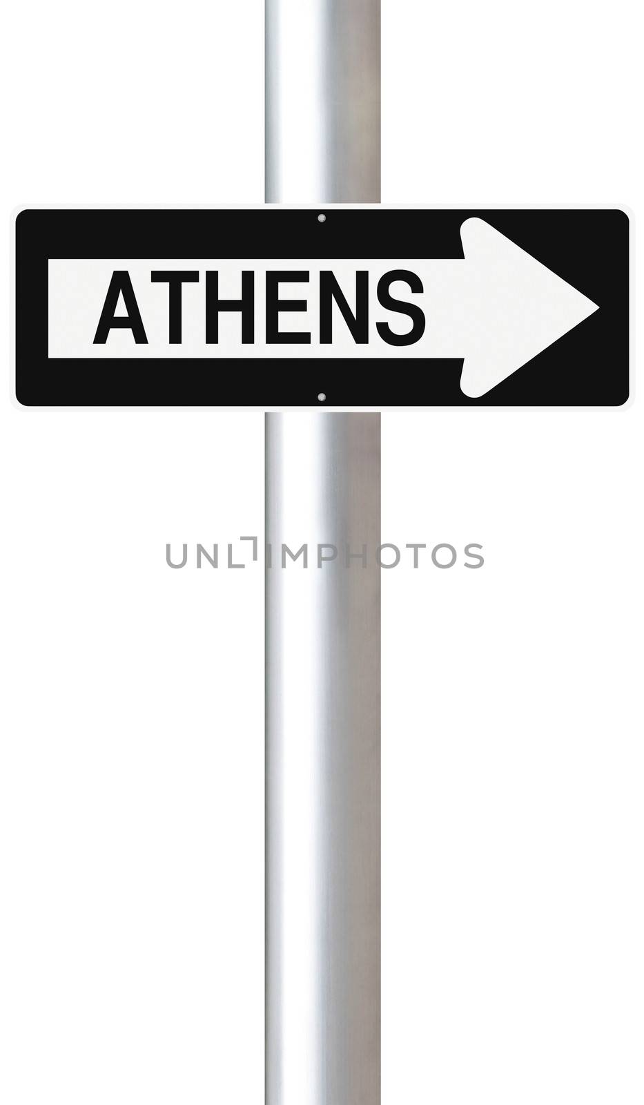 A modified one way sign indicating Athens (Greece)