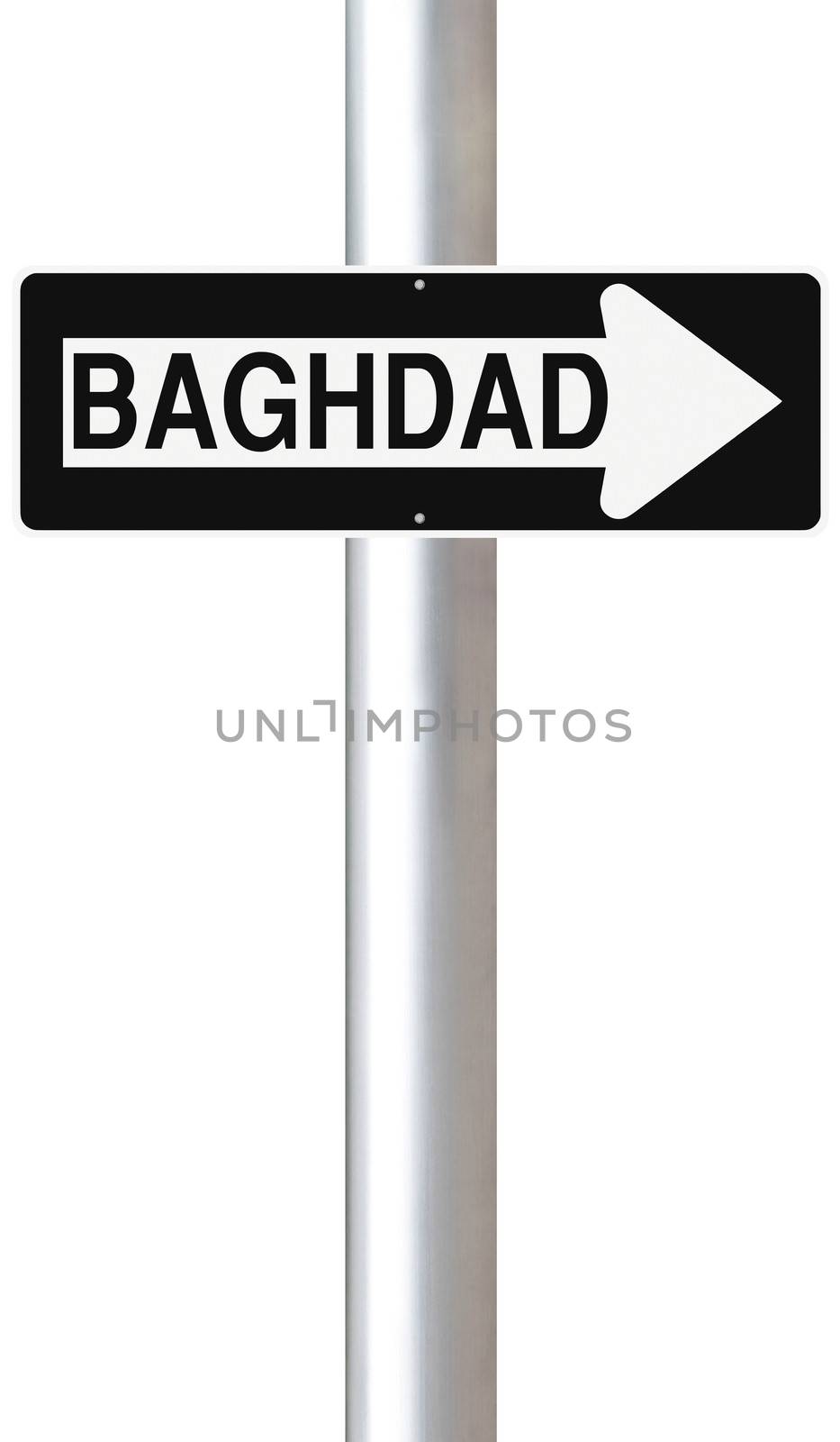 A modified one way sign indicating Baghdad (Iraq)