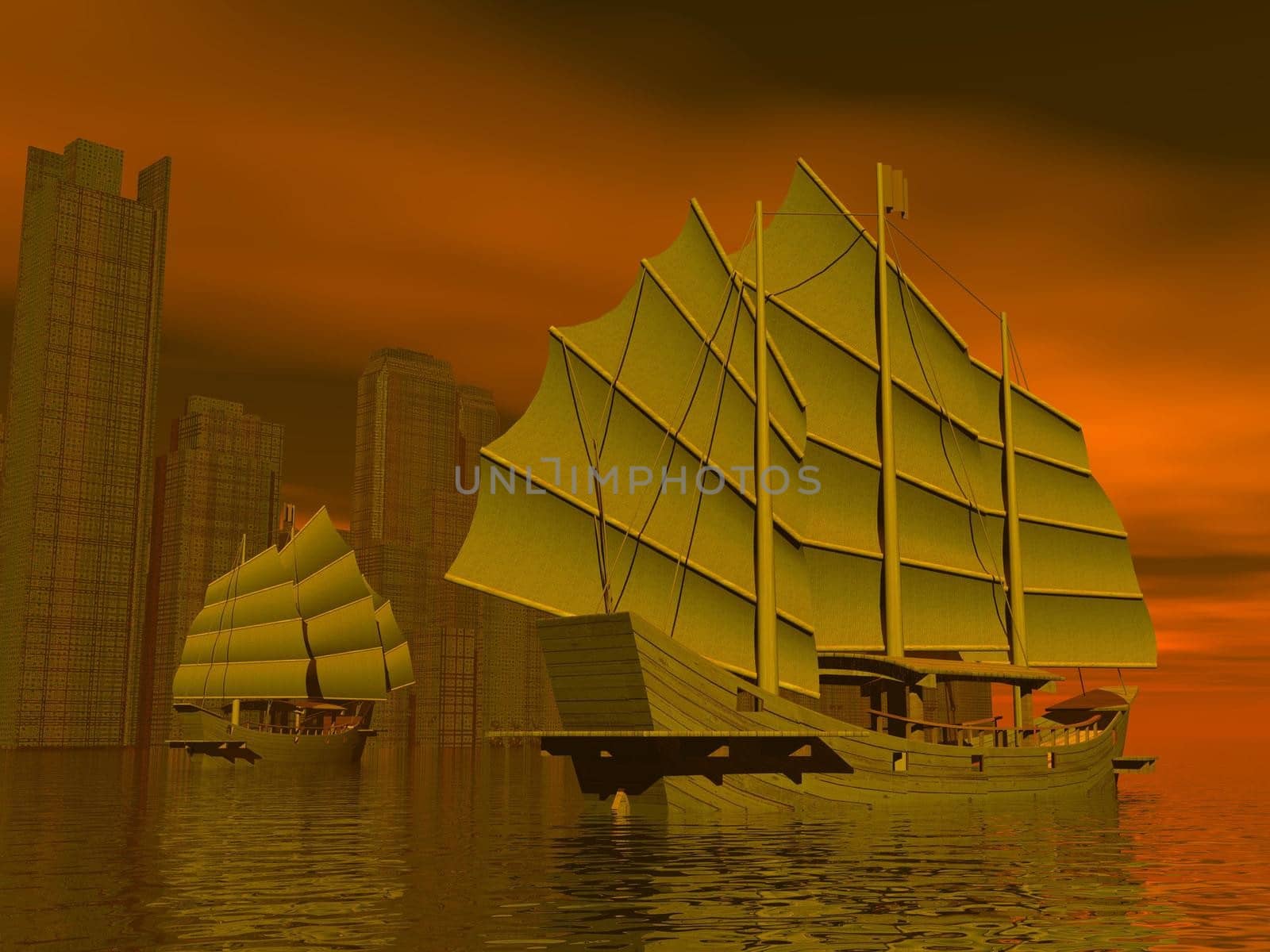 Chinese junk ships - 3D render by Elenaphotos21