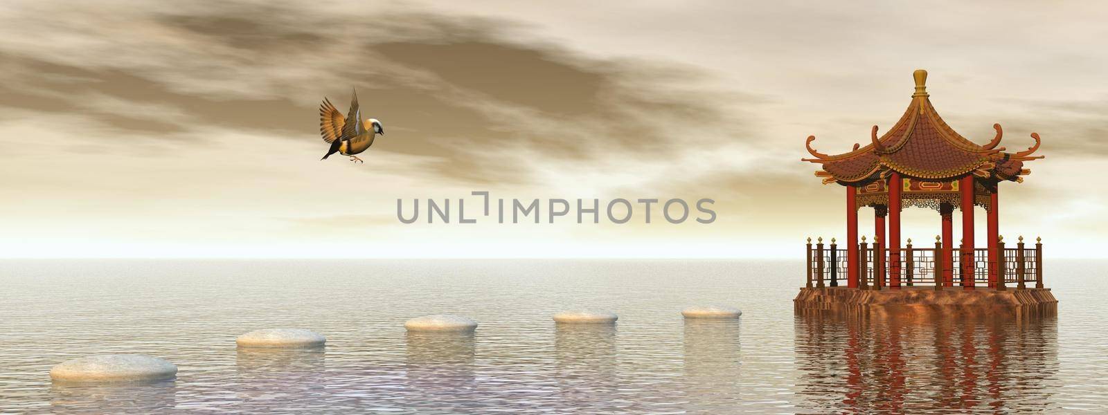 White stones in a row leading to one gazebo upon water, small beautiful bird flying around