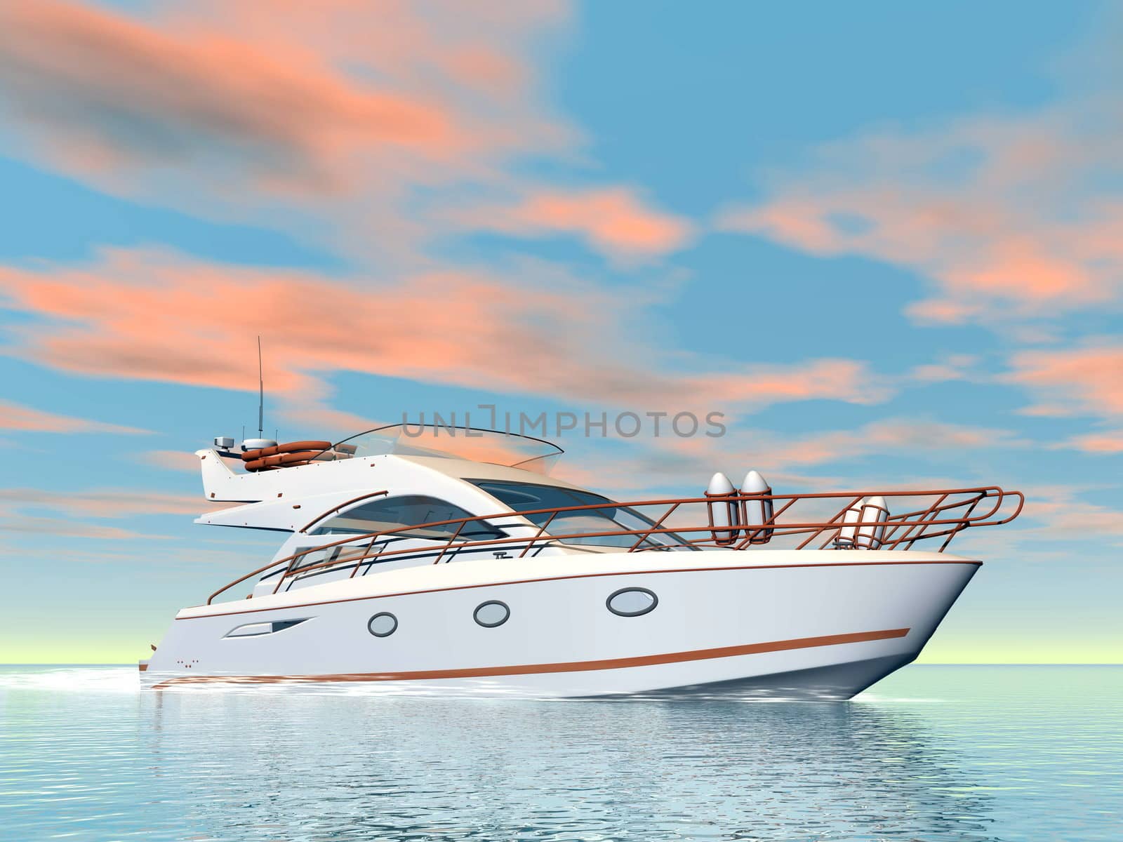 Nice white yacht on water by colorful sunset