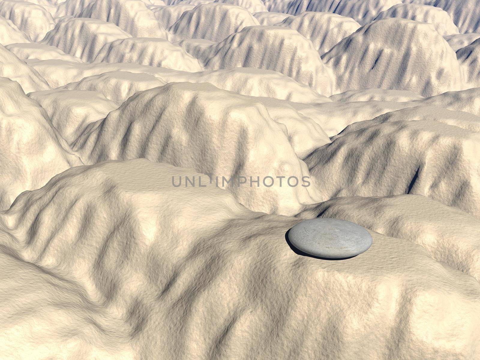One single white stone in the middle of sand dunes