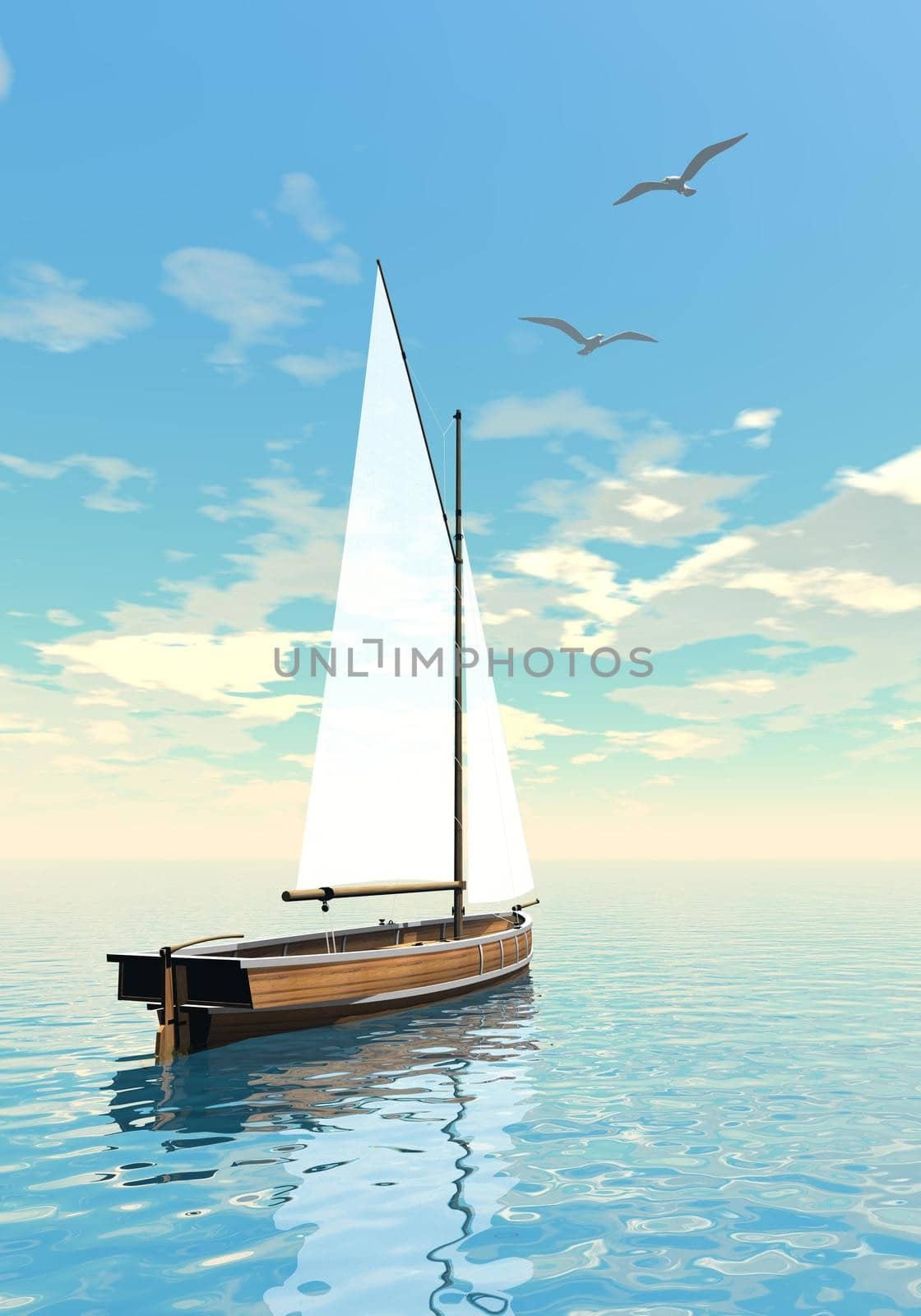 One sailing boat floating on the water next to seagull by cloudy day