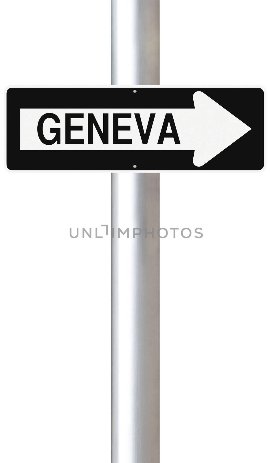 A modified one way sign indicating Geneva (Switzerland)