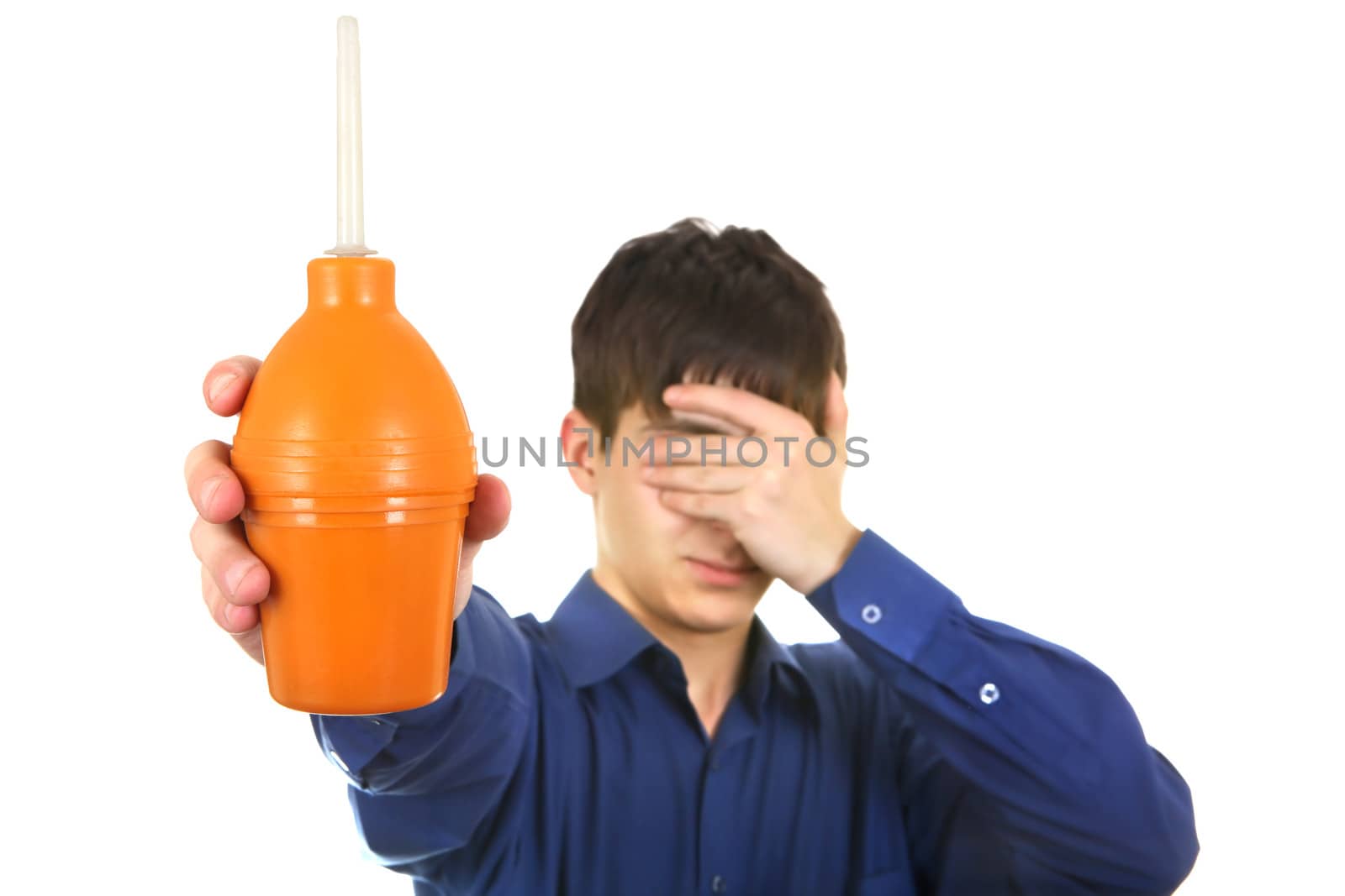 Teenager with Enema Isolated on the white background