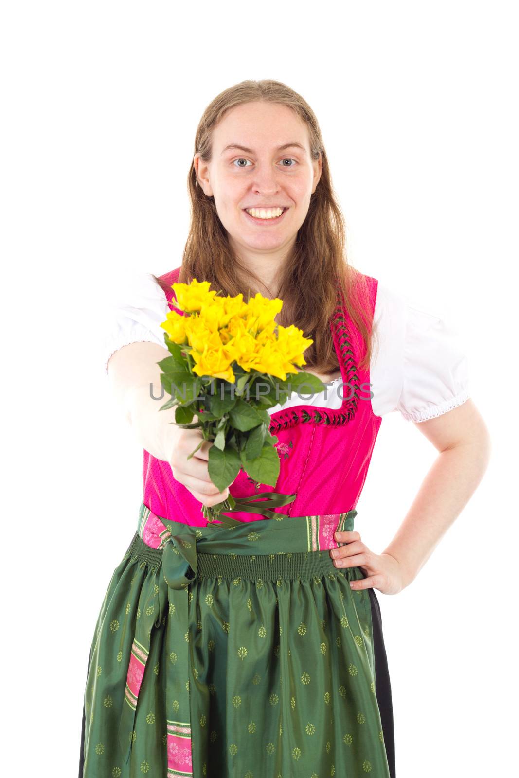 Happy woman in dirndl giving you roses as present