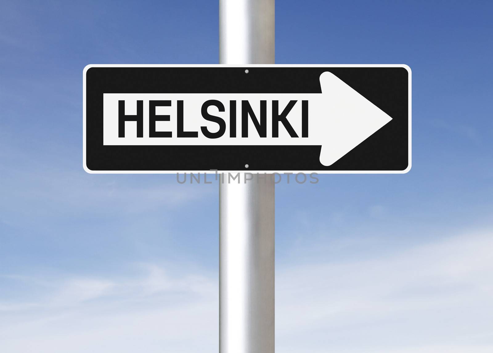 A modified one way sign indicating Helsinki (Finland)