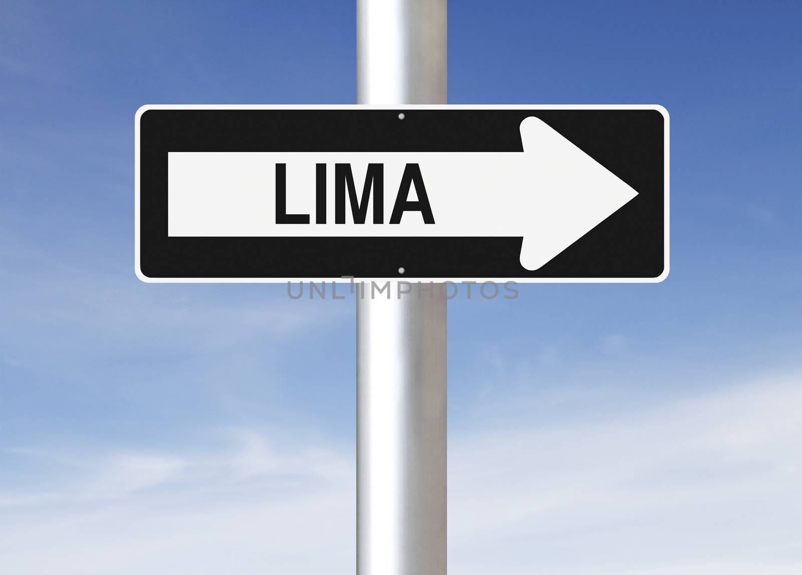 A modified one way sign indicating Lima (Peru)