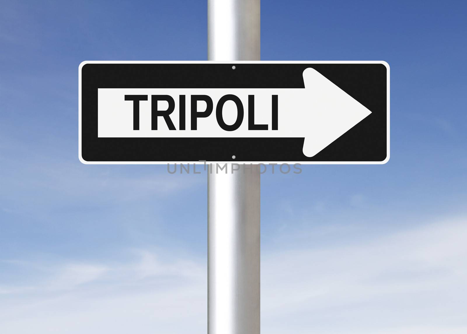A modified one way sign indicating Tripoli (Libya)