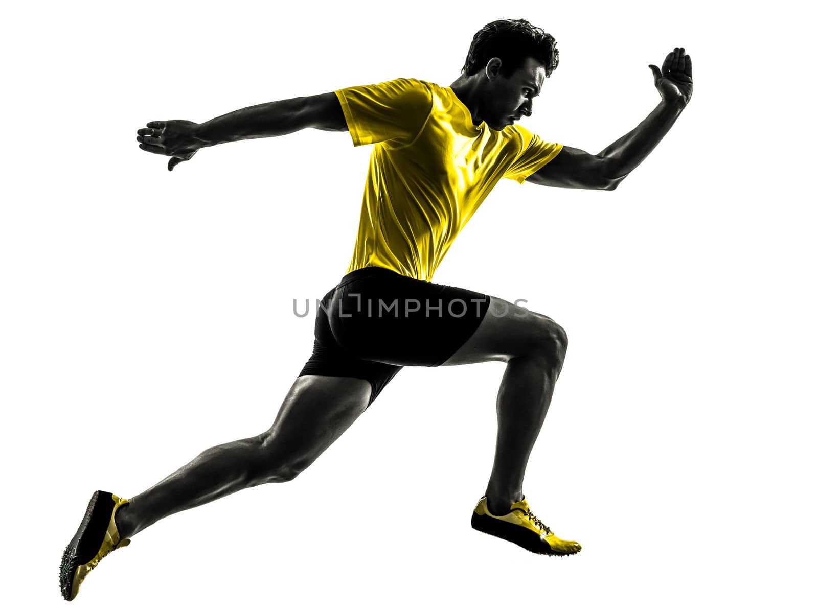 one caucasian man young sprinter runner running in silhouette studio on white background