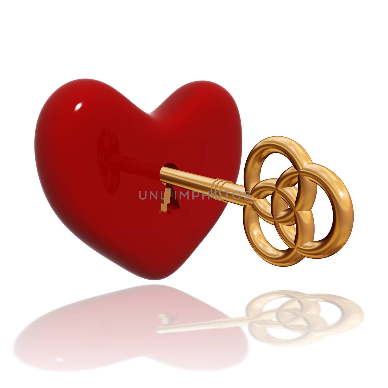 3d red heart with golden key with reflection over white, love concept