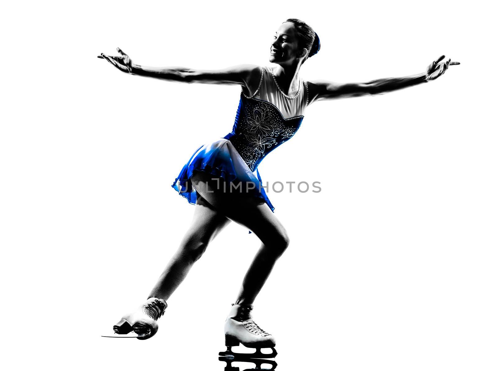 one caucasian woman ice skater skating in silhouette on white background