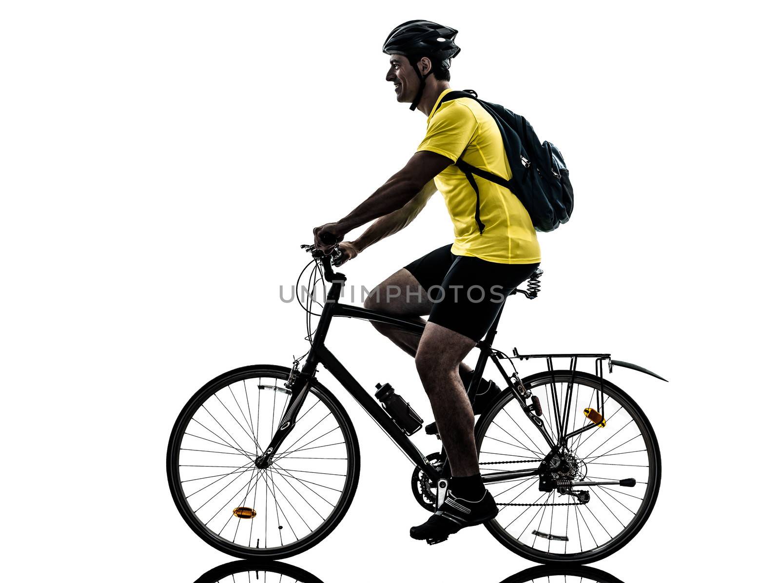 one caucasian man exercising bicycle mountain bike  on white background