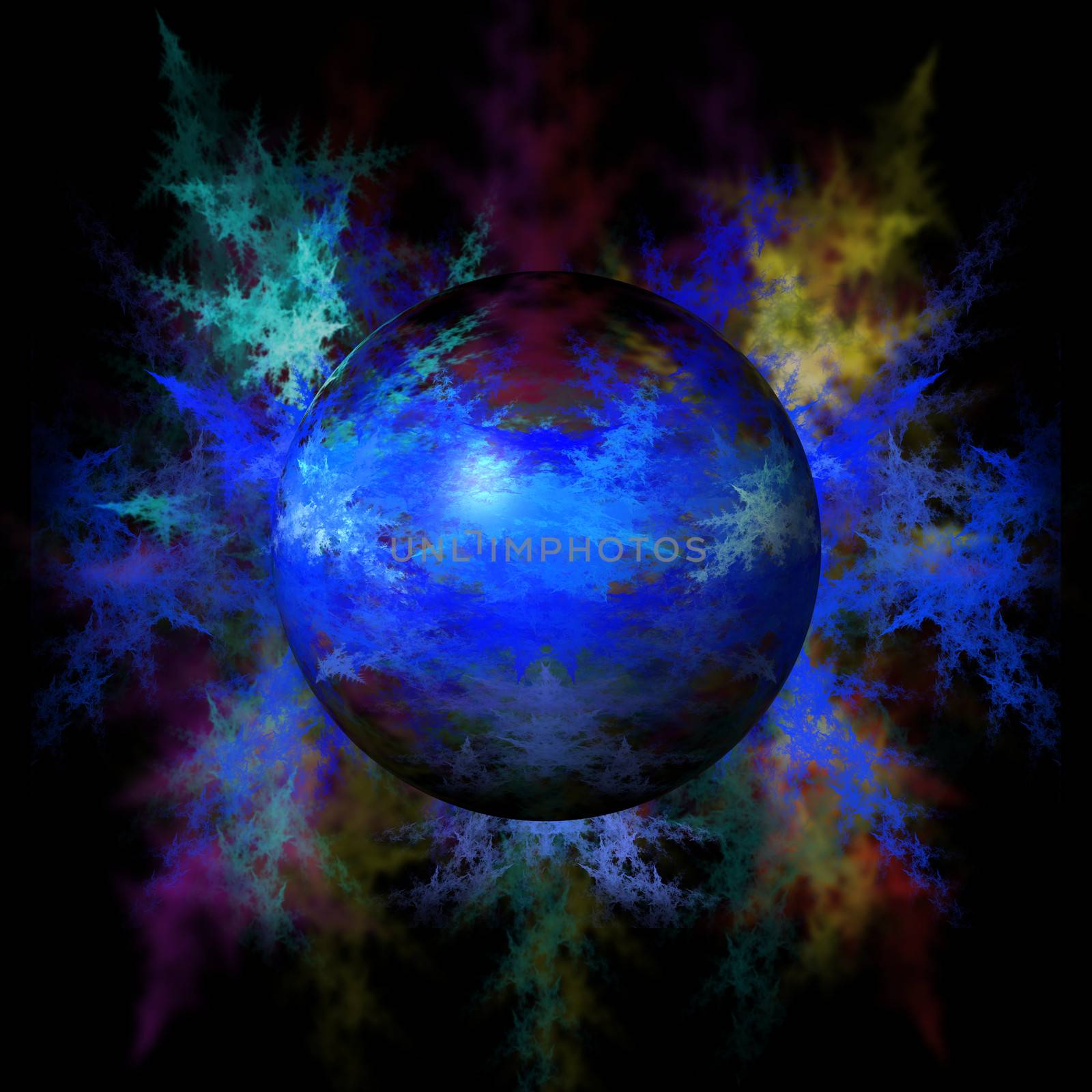 Blue color globe on a fractal background.