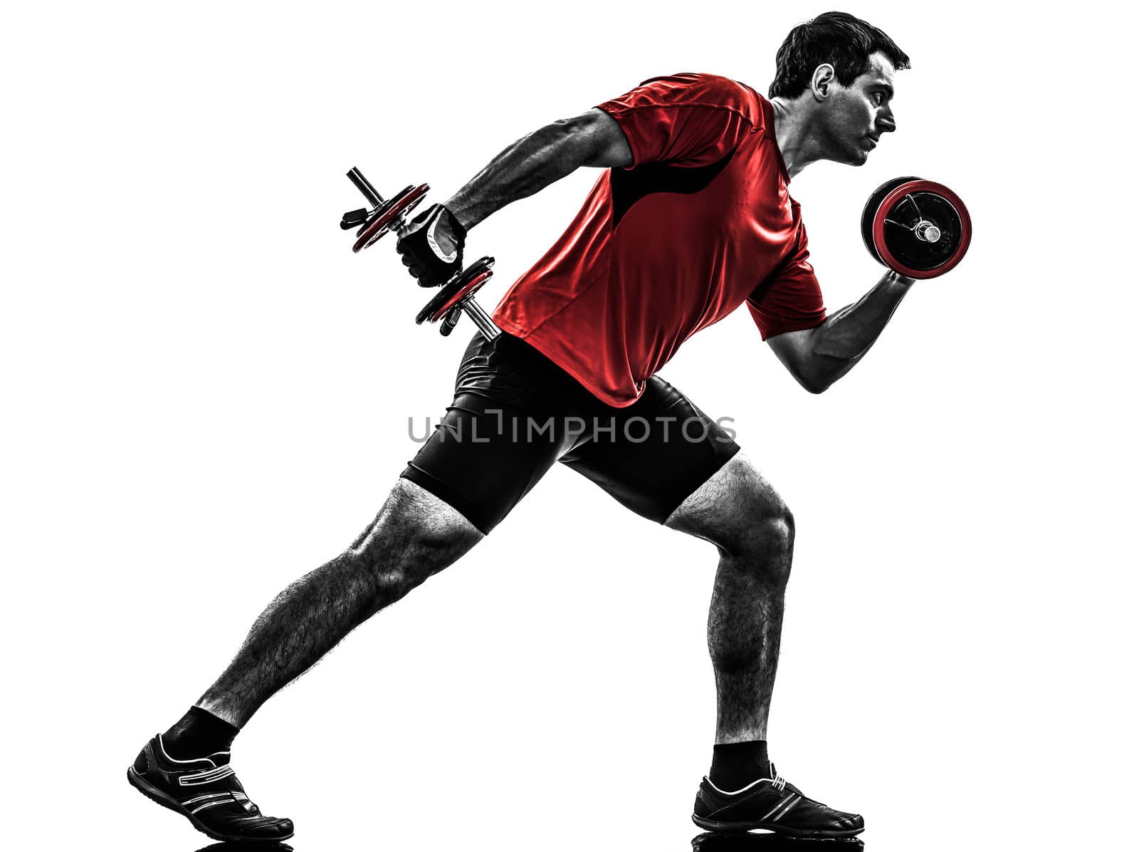 one caucasian man exercising weight training  on white background
