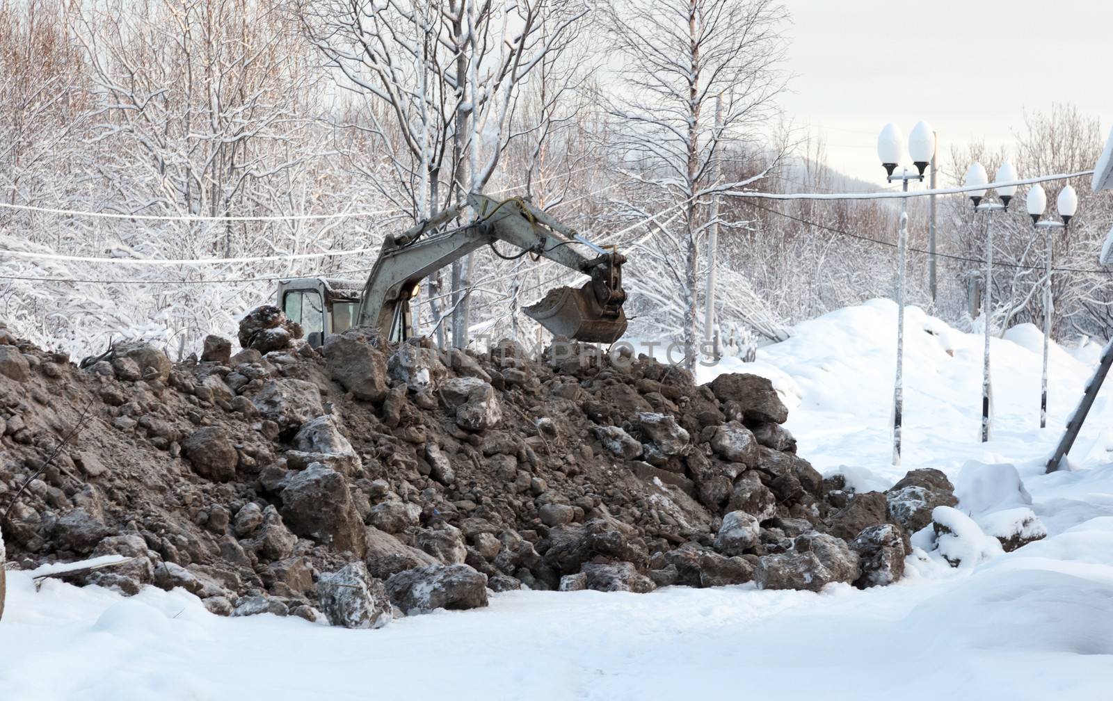 Excavator on a background of a winter landscape digs frozen ground 